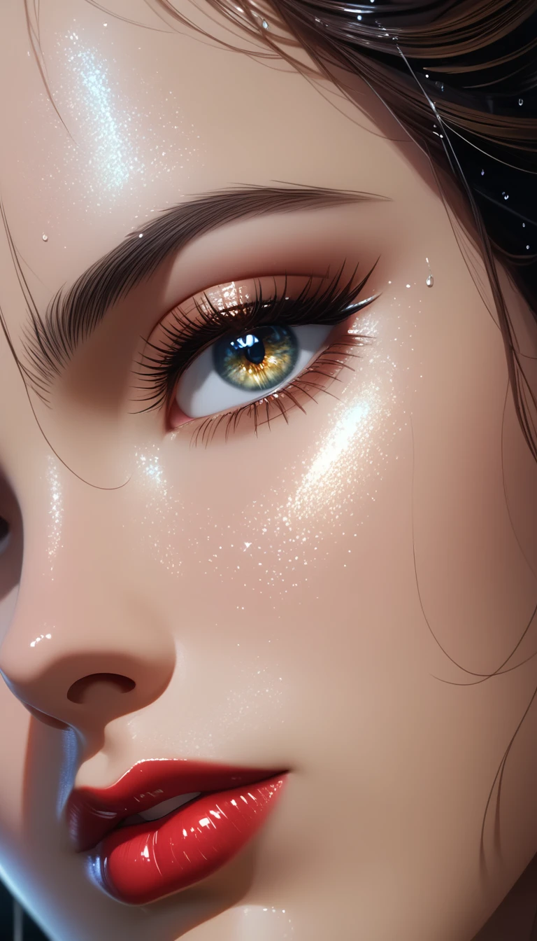 A woman with glistening, oiled skin, wearing a shimmering, wet, white dress, dark and wet hair cascading down her back, light glints off her skin, creating a sensual and glamorous effect, beautiful detailed eyes, beautiful detailed lips, extremely detailed eyes and face, long eyelashes, (best quality, 4k, 8k, highres, masterpiece:1.2), ultra-detailed, (realistic, photorealistic, photo-realistic:1.37), cinematic lighting, HDR, UHD, studio lighting, professional, vivid colors, sharp focus