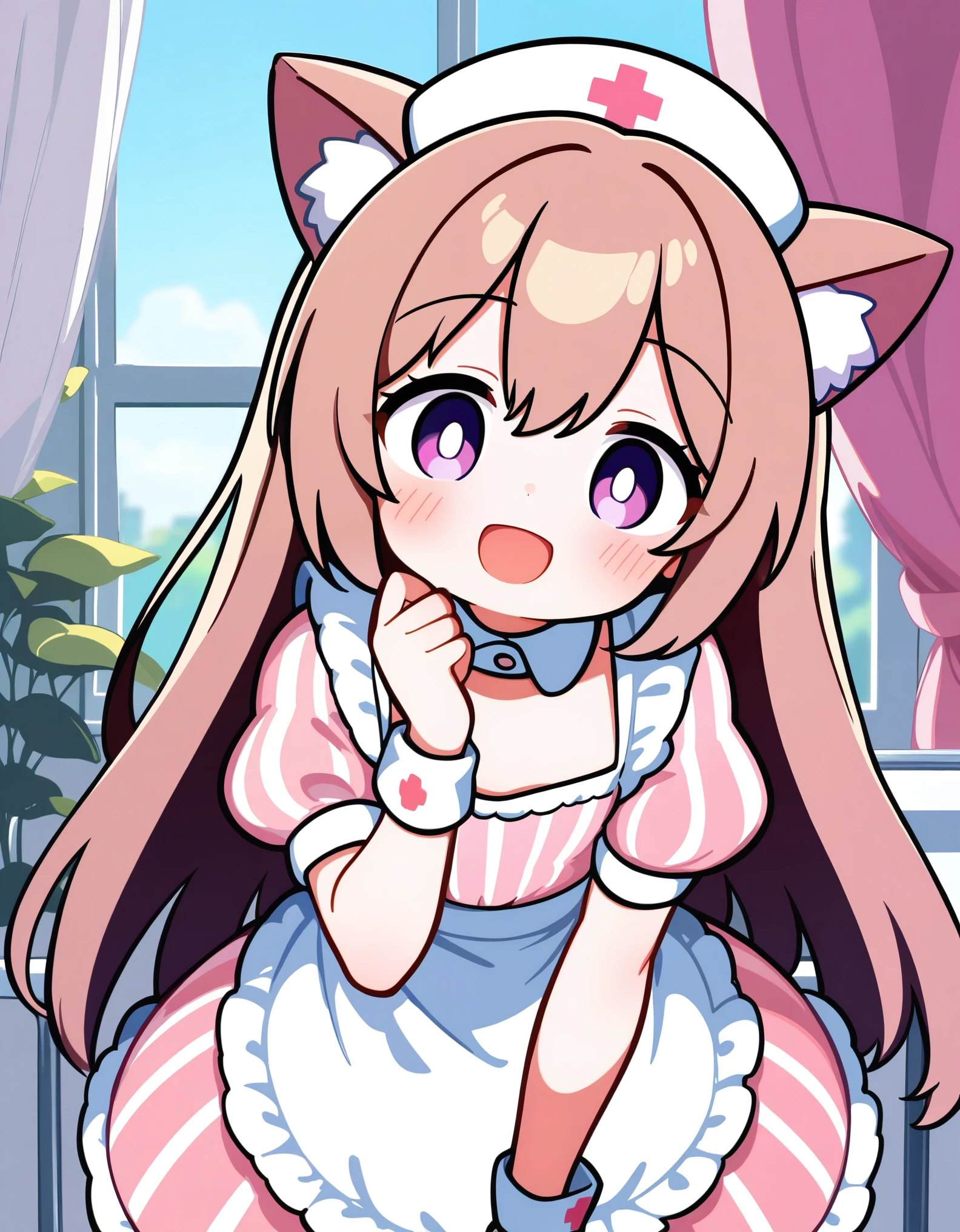 1girl, solo, long hair, looking at viewer, blush, smile, open mouth, bangs, skirt, brown hair, shirt, hat, dress, holding, animal ears, hair between eyes, very long hair, purple eyes, short sleeves, :d, frills, striped, puffy sleeves, indoors, cat ears, hand up, apron, puffy short sleeves, head tilt, wrist cuffs, window, leaning forward, detached collar, blurry background, white headwear, light brown hair, curtains, pink dress, waist apron, white apron, vertical stripes, frilled apron, nurse cap, nurse, white collar, flat chest