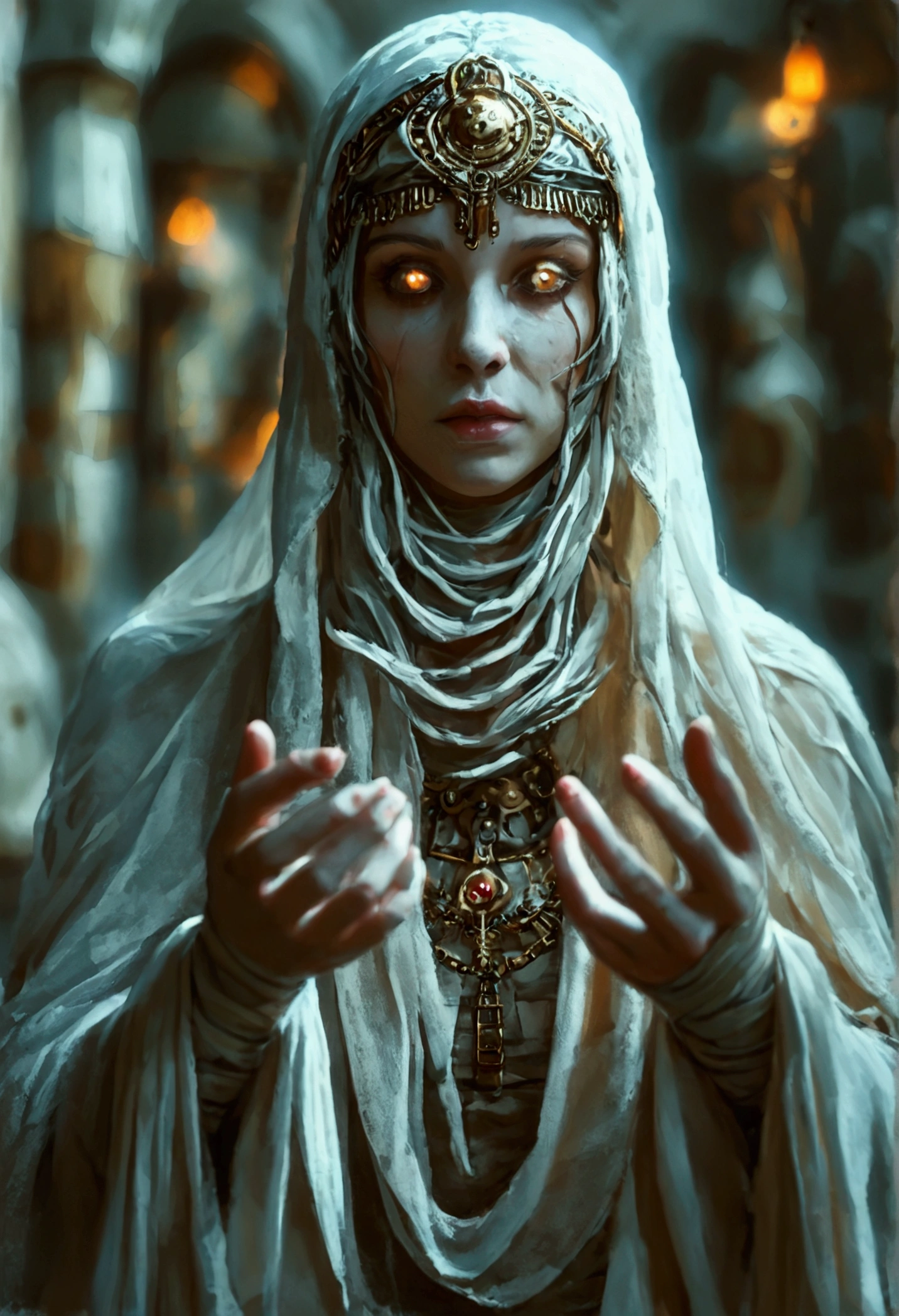 a fantasy photograph of a female mummy in a sarcophagus inside an ancient crypt, her eyes glow before, she is about to rise from the dead, her arms are reaching for you, sense of dread, of horror, picture taken from dynamic range, ultra wide shot, photorealism, depth of field, hyper realistic