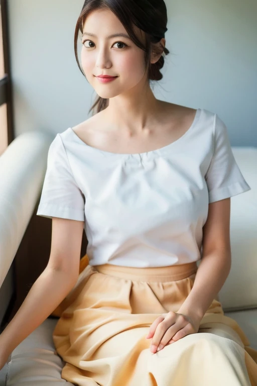 Masterpiece, high quality, high resolution, 8K, ((Skinny Japanese woman in a costume which consists of a short-sleeved white shirt and a light-brown long skirt)), beautiful face, natural makeup, detailed face, detailed eyes, a photo that feels endearing