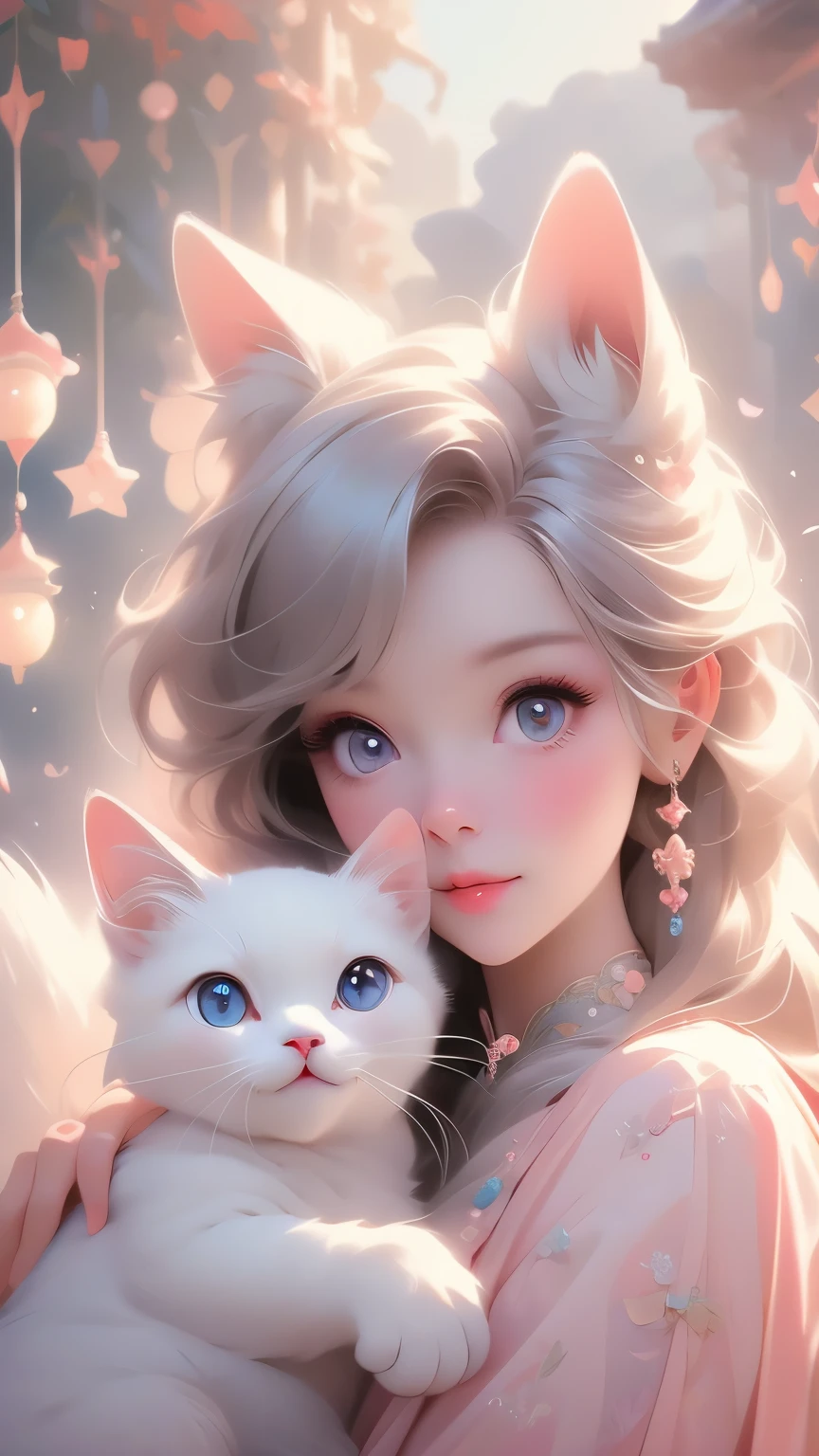 a cute cartoon girl, beautiful detailed eyes, beautiful detailed lips, extremely detailed eyes and face, longeyelashes, hugging a white cat, serene expression, soft lighting, colorful pastel palette, whimsical and imaginative style, beautiful detailed background, magical realism, highres, best quality, 4k, 8k, masterpiece, photorealistic
