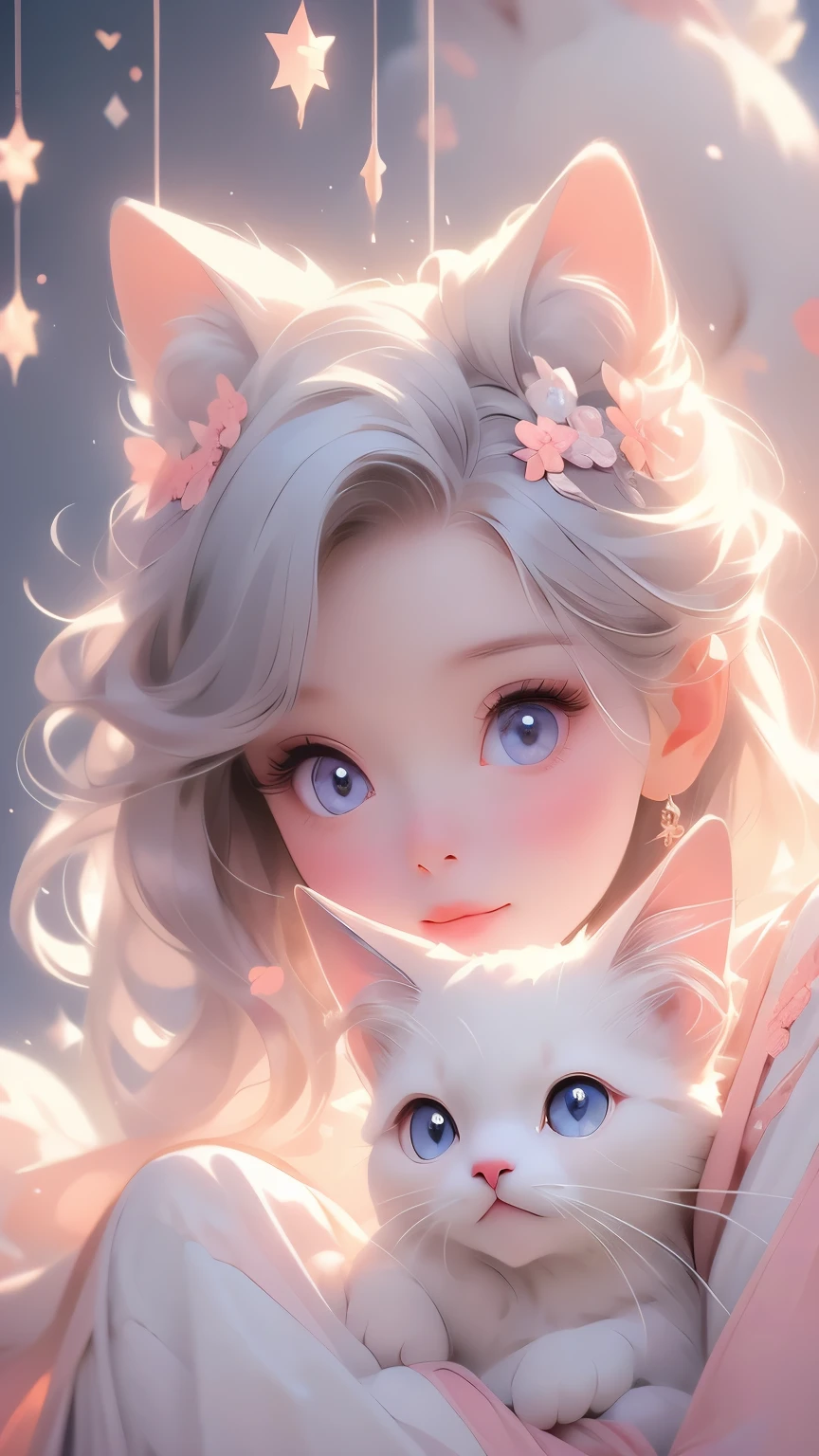 a cute cartoon girl, beautiful detailed eyes, beautiful detailed lips, extremely detailed eyes and face, longeyelashes, hugging a white cat, serene expression, soft lighting, colorful pastel palette, whimsical and imaginative style, beautiful detailed background, magical realism, highres, best quality, 4k, 8k, masterpiece, photorealistic
