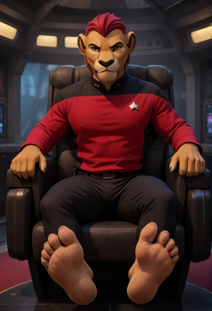 (((Barefoot furry character, full body, cinematic setting, furry boy, anthro lion, plantigrade))), (((anime))). beefy, muscular (((Kion))), (((younger Kion wearing red TNG uniform))), black shoulders, black pants, focused, determined, ((nice detailed feet paws with claws))), (((four toes))), short red hair, red tip of a tail, (((correct anatomy))) (((sitting in captain chair in command center of starship, bridge of the starship))), (((showing his soles to viewer))), (((bottoms of feet paws towards viewer))), (((soles with pawpads towards viewer))) . BREAK, intricate details, highly detailed, extreme detail, octane render, fine art, best quality, highres, (detailed face:1.5), ((full_body)), UHD, (((perfect hands))), ((low light:1.5))