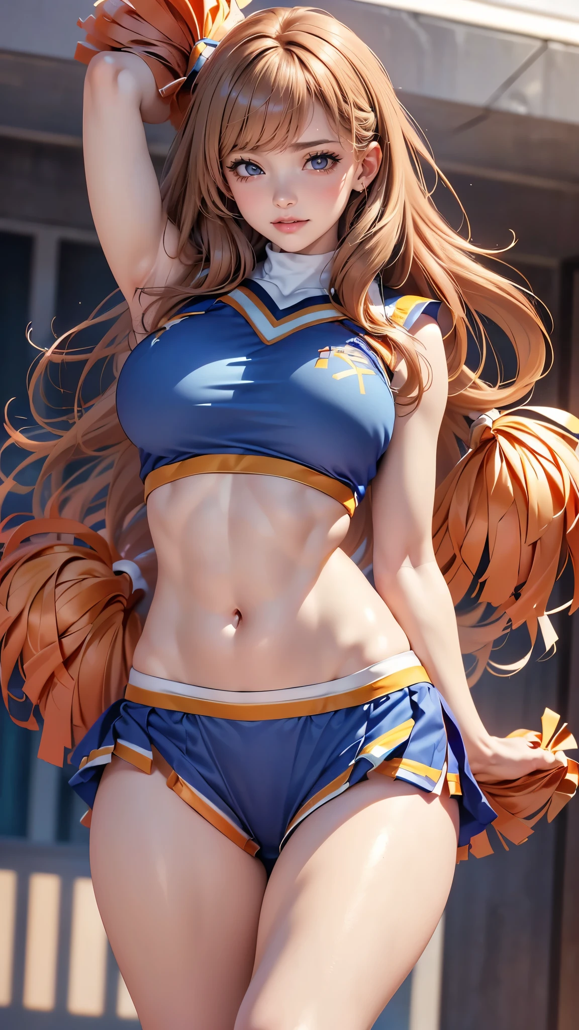 Goddess image, (from below:1.2),(1girl, ultra detailed skin, curvy,,beautiful breasts, large breasts, pale skin), (majesty of the goddess:1.3), (Hyperrealist portrait,(8k),ultra-realistic, high detail, high resolution, best quality, masterpiece,Sense of presence, dynamic, bold),(thin and soft hair:1.8),(straight hair),(Swept long bangs),(extra light coppery amber hair),(hair over one eye),(blue colored clothes:1.5, cheerleader:1.5)