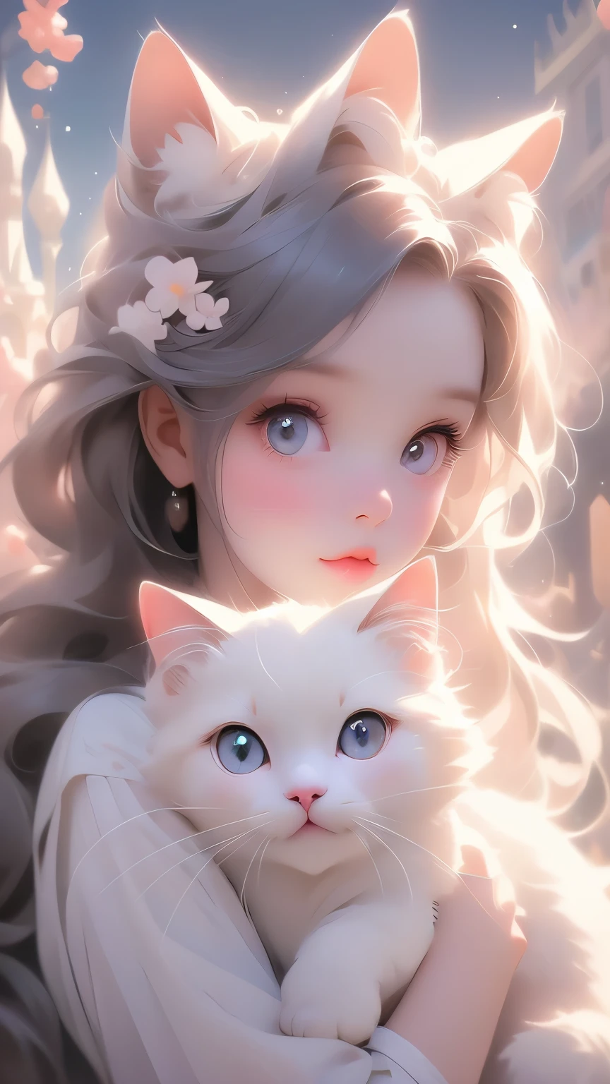 a cute cartoon girl, beautiful detailed eyes, beautiful detailed lips, extremely detailed eyes and face, longeyelashes, hugging a white cat, serene expression, soft lighting, colorful pastel palette, whimsical and imaginative style, beautiful detailed background, magical realism, highres, best quality, 4k, 8k, masterpiece, photorealistic
