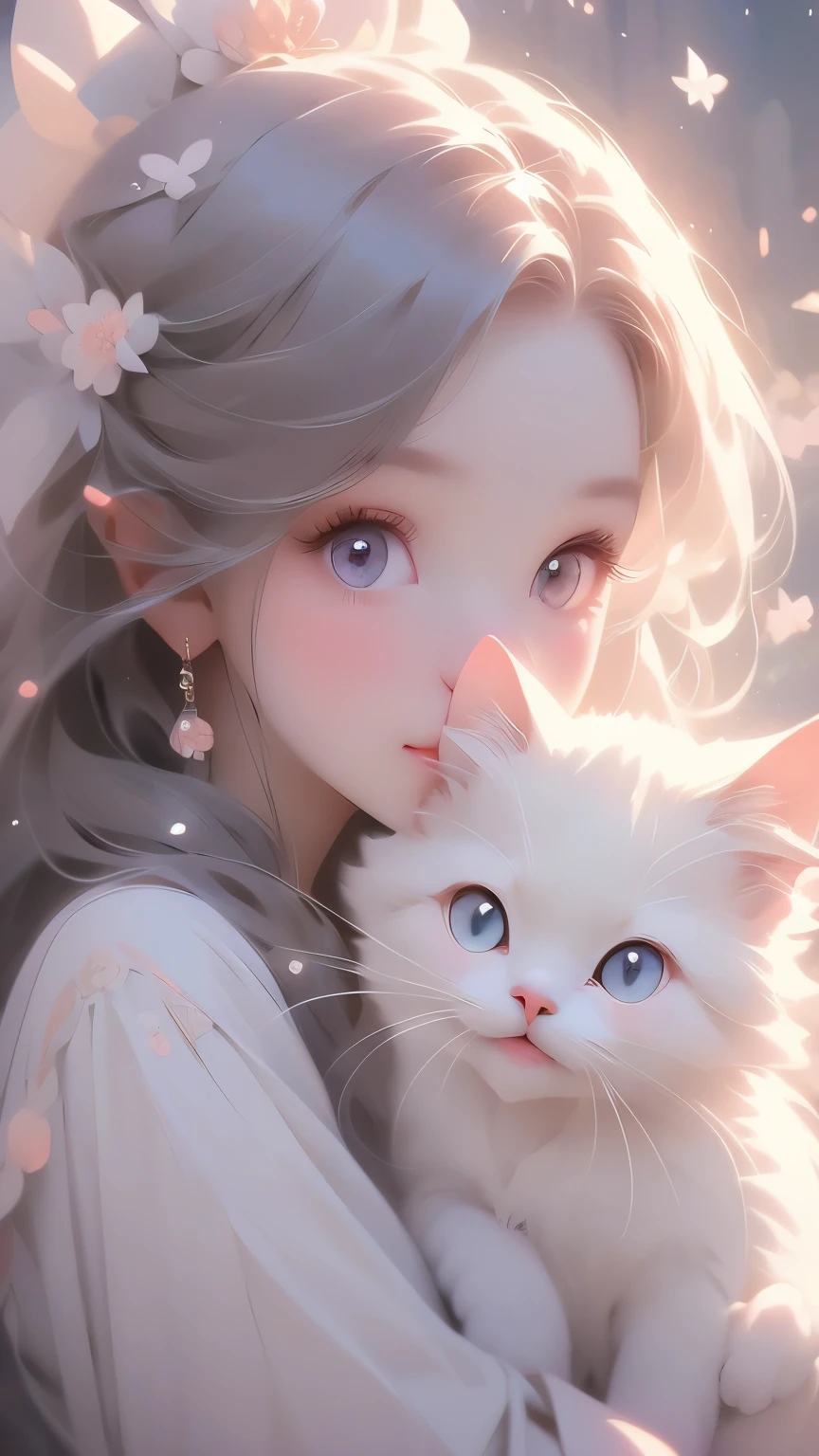 a cute cartoon girl, beautiful detailed eyes, beautiful detailed lips, extremely detailed eyes and face, longeyelashes, hugging a white cat, serene expression, soft lighting, colorful pastel palette, whimsical and imaginative style, beautiful detailed background, magical realism, highres, best quality, 4k, 8k, masterpiece, photorealistic
