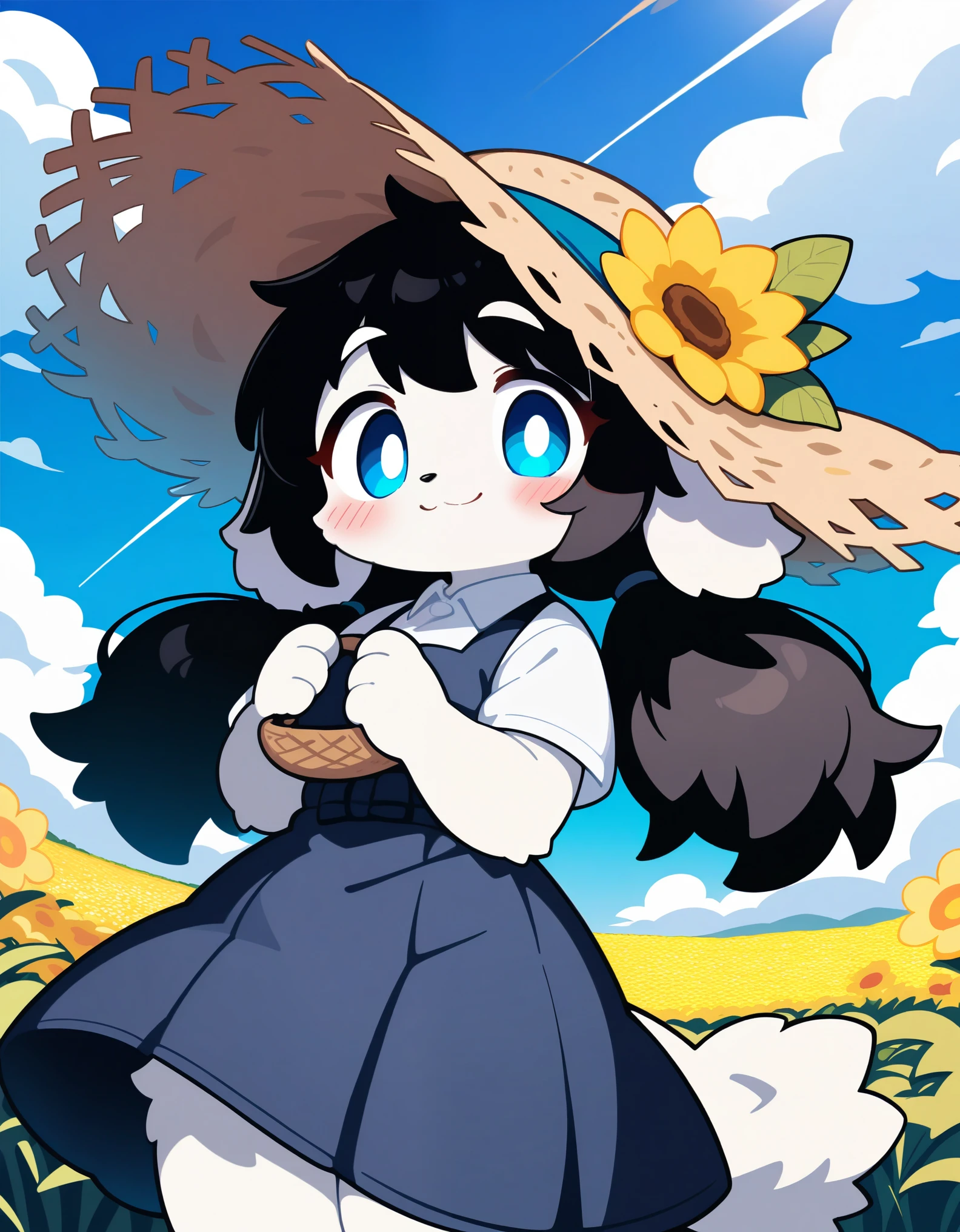 outdoor,solo,basket,1girl,flower,smile,hat,straw hat,looking at viewer,long hair,shirt,day,blush,dress,blue eyes,white shirt,holding basket,short sleeves,pinafore dress,bangs,cowboy shot,closed mouth,black hair,fruit,sky,twintails,collared shirt,food,blue sky,standing,holding,cloud,breasts,hands up,sun hat,low twintails,grass,field,yellow flower, furry, fur body, tail, happy, fluffy, animal ears, masterpiece 