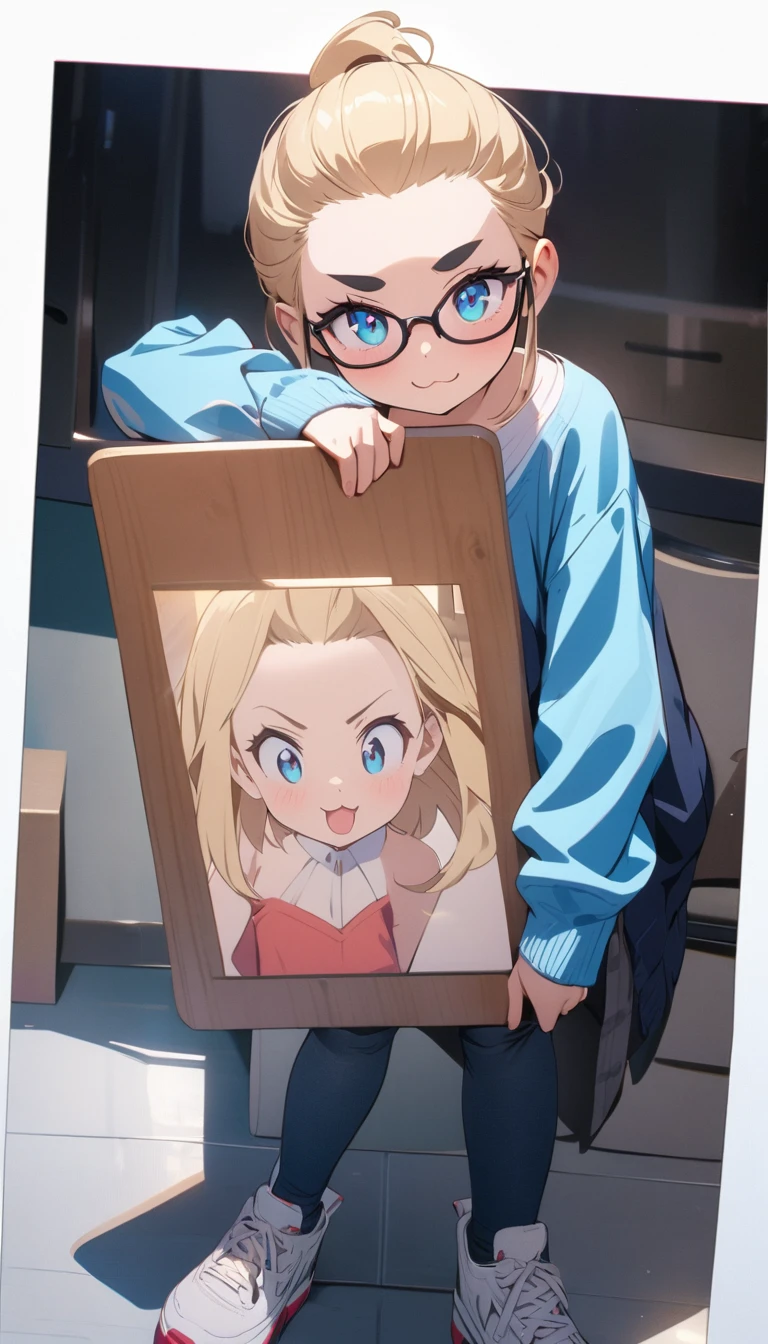 anime style,(best quality,4k,8k,highres,masterpiece:1.2),ultra-detailed, perfect eyes, perfect face, perfect lighting, photo,BREAK,
((loli)),skinny,flat ed,(forehead,hair slicked back:1.3),Beautiful blonde hair,(blue eyes),(black nodoka glasses),thick bluish eyeshadow, thin eyebrows, thick black eyeliner, Highlighted eyes with eyeliner, false eyelashes,BREAK,
((Letters and pictures written on a sketchbook held in front of the )), " self-assertion♥", BREAK,
((Blue cardigan over white shirt)), tight blue jeans, (white sneakers),BREAK,
(smirk:1.2),shaded face,cowboy shot,