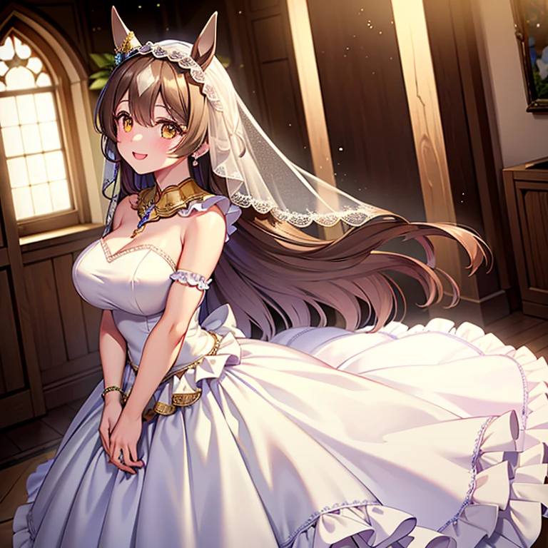 (( best quality )), ((masterpiece)), ( Details), Satono Diamond、Horse Girl、whole body、
 long hair、 half up 、 Had、 hair between eyes 、 animal ears 、earrings、Horse tail、Large Breasts、Deep valley、smile、
(ブライダルVeil、 Wedding Dress、Veil、White Dress、bride、race)、
Inside the wedding hall、８k
