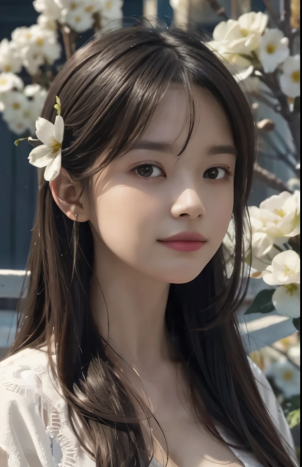 (Ultra Realistic), (Illustration), (Increased Resolution), (8K), (Extremely Detailed), (Best Illustration), (Beautiful and Detailed Eyes), (Best Quality), (Ultra Detailed), (Masterpiece ), ( wallpaper), (detailed face), solo, 1 girl, looking at viewer, fine details, detailed face, in the dark, deep shadows, low key, pureerosfaceace_v1, smiling, Black straight hair, white shawl, 46 points oblique bangs,Lots of flowers in the background,plump breasts