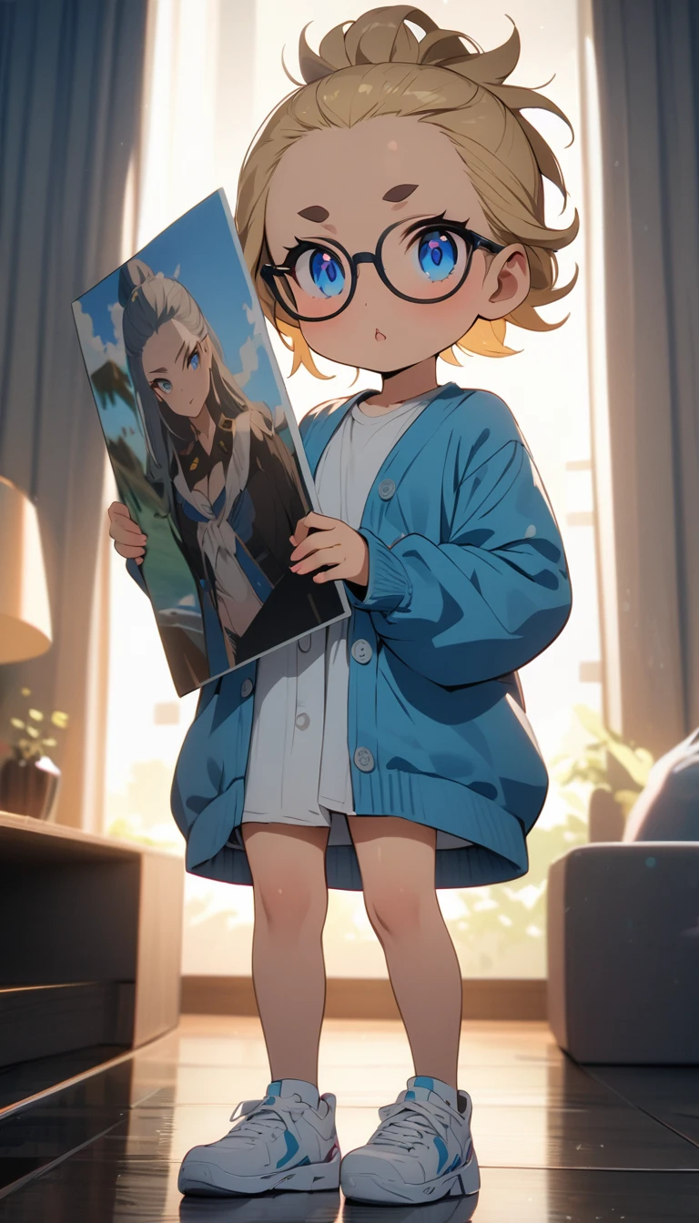 anime style,(best quality,4k,8k,highres,masterpiece:1.2),ultra-detailed, perfect eyes, perfect face, perfect lighting, photo,BREAK,
((loli)),skinny,flat ed,(forehead,hair slicked back:1.3),Beautiful blonde hair,(blue eyes),(black nodoka glasses),thick bluish eyeshadow, thin eyebrows, thick black eyeliner, Highlighted eyes with eyeliner, false eyelashes,BREAK,
((Letters and pictures written on a sketchbook held in front of the )), " self-assertion♥", BREAK,
((Blue cardigan over white shirt)), tight blue jeans, (white sneakers),BREAK,
(smirk:1.2),shaded face,cowboy shot,