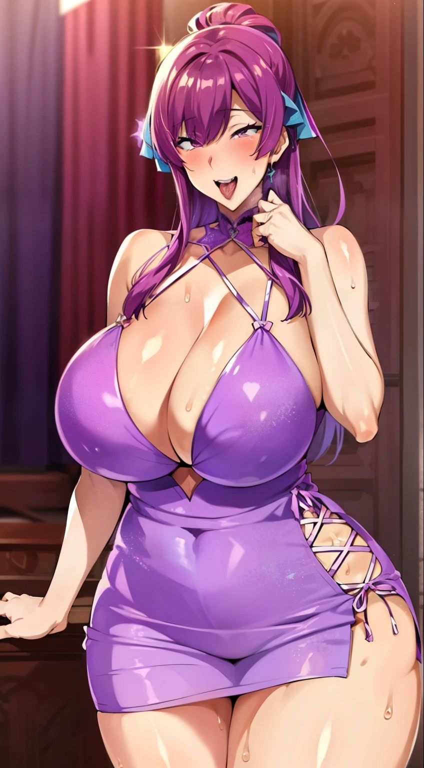  Hiromitsu Takeda Style, , Pink Hair, Long Hair,Pink Eyes,   anime cell style  ,   best quality  ,   Kampala  , (Big Breasts:1.4), ,   embarrassing, smile,  ,   my whole body is sweaty  ,Big Breasts,Big Ass,     my thighs are thick  ,Bow-legged,Ahegao,   stick out your tongue 、Glittery Purple Dress,purple long dress