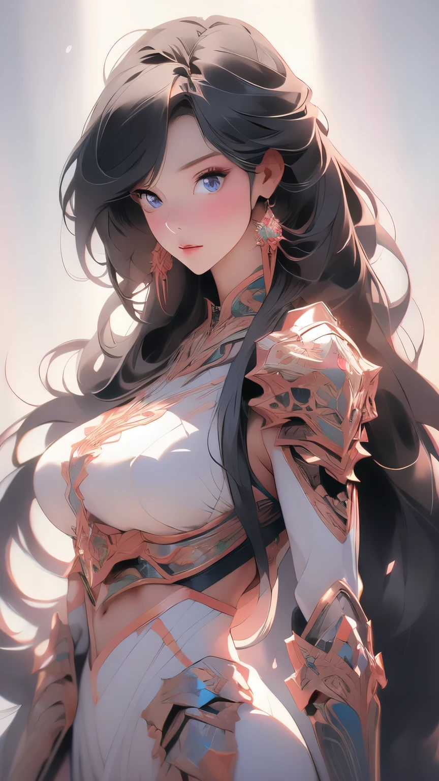 1girl, depth of field, official art, unity 8k wallpaper, ultra detailed, illustration, beautiful and aesthetic, masterpiece, best quality, knight, (big breasts), (milf, mature female), (black armor, armor, breastplate), beautiful face, (long hair, black hair, very straight hair:1.4, hime cut:1.4), blue eyes, cowboy shot, glowing skin, back lighting, athletic figure, muscular female, curvy, wide hips, colorful, looking at viewer, Hyperrealistic, gradient background, dark background, outline, fantasy, from the front, watercolor, traditional media, (chromatic aberration, intricate details)
