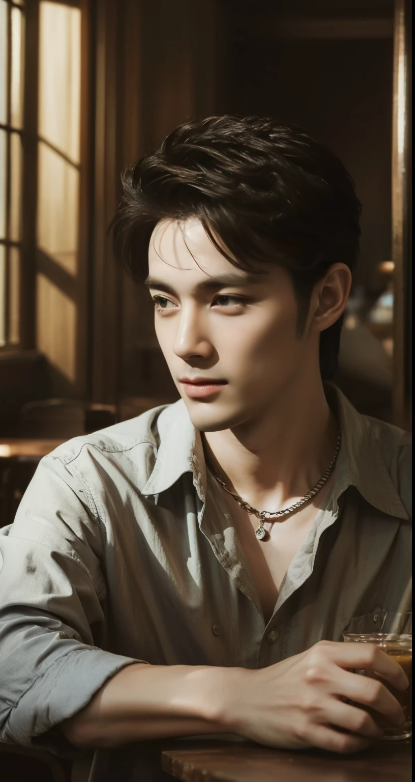 a handsome man in a cafe, sitting, wearing a long shirt, necklace accessory, handsome man style, 1 man, detailed facial features, beautiful eyes, sharp nose, full lips, high quality, photorealistic, intricate details, warm lighting, cozy cafe interior, cinematic composition, vibrant colors, soft focus, award winning photograph