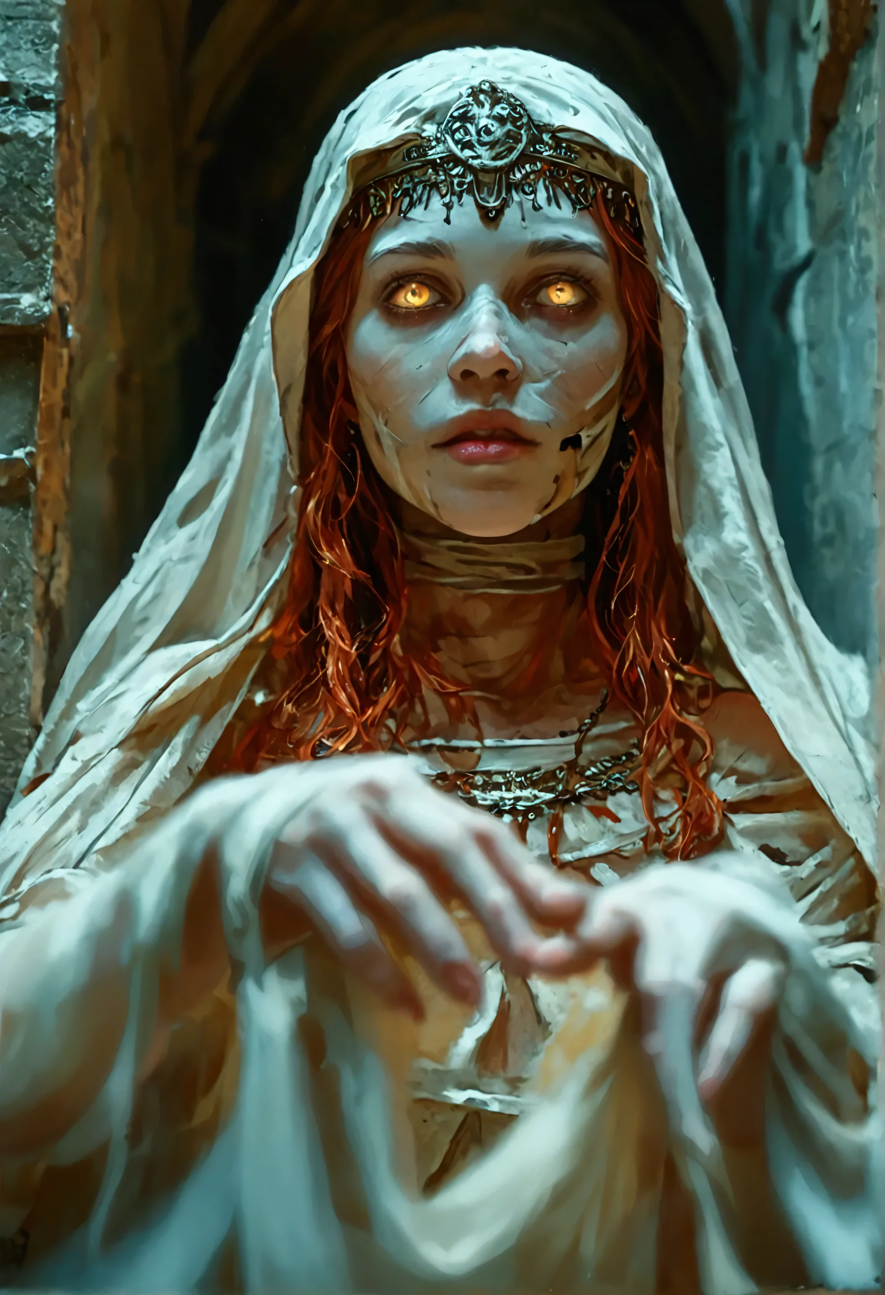 a fantasy photograph of a female mummy in a sarcophagus inside an ancient crypt, her eyes glow before, she is about to rise from the dead, her arms are reaching for you, sense of dread, of horror, picture taken from dynamic range, ultra wide shot, photorealism, depth of field, hyper realistic