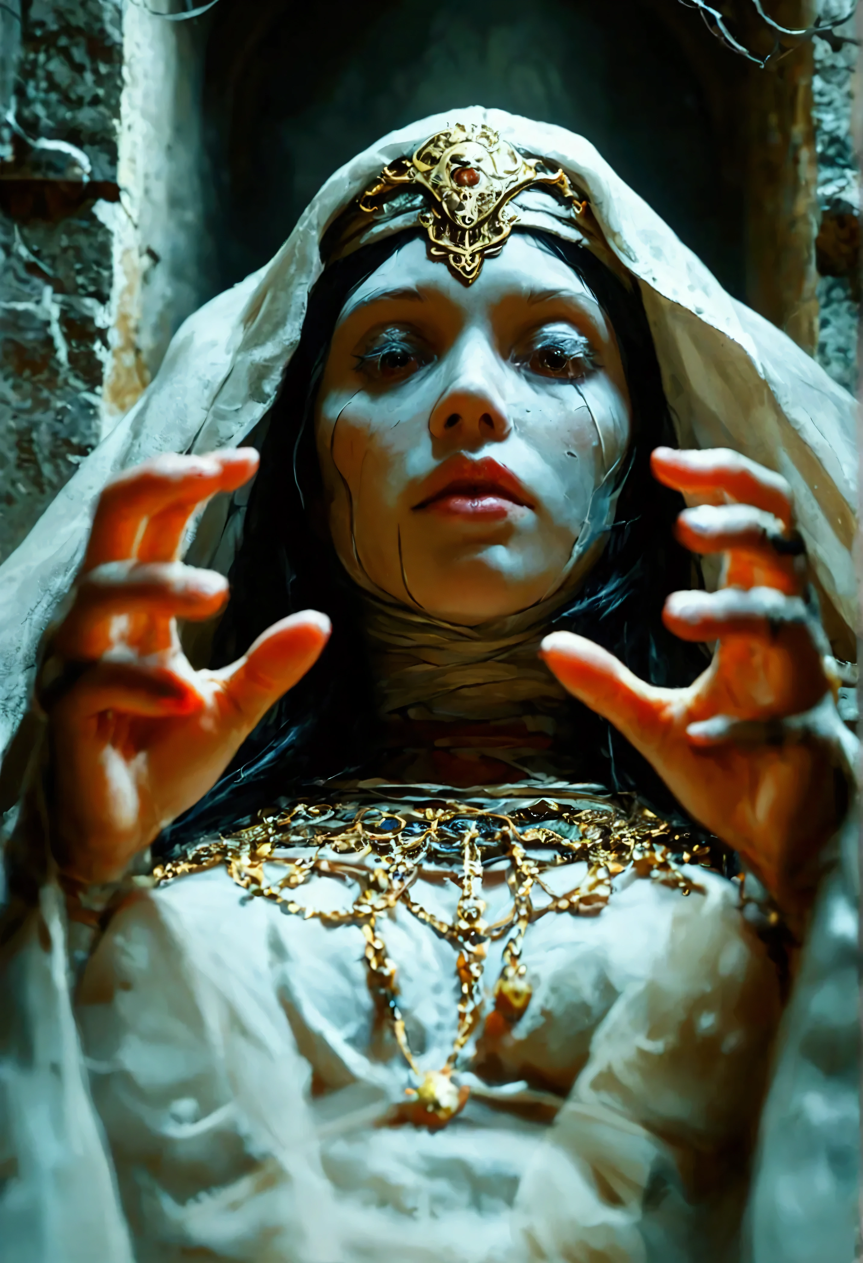 a fantasy photograph of a female mummy in a sarcophagus inside an ancient crypt, her eyes glow before, she is about to rise from the dead, her arms are reaching for you, sense of dread, of horror, picture taken from dynamic range, ultra wide shot, photorealism, depth of field, hyper realistic