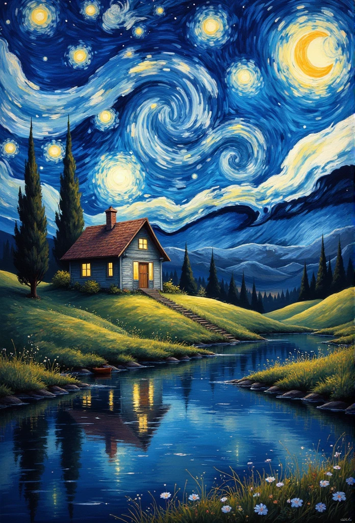 landscape, Tree, Star (Sky), Outdoors, house, night, water, Sky, Boat, Starry Sky, watercraft, moon, Grass, night Sky, Nature, Mountain, van gogh, masterpiece,  has the best quality