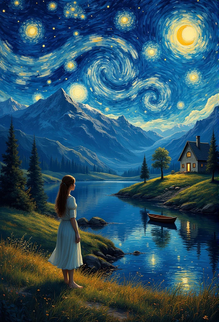 landscape, Tree, Star (Sky), Outdoors, house, night, water, Sky, Boat, Starry Sky, watercraft, moon, Grass, night Sky, Nature, Mountain, van gogh, masterpiece,  has the best quality，woman，Realism