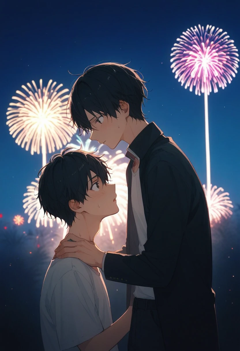 There are 2 men 。 The first man is a man like Kazuto Kirigaya and tall with dark hair、White clothes and black slacks  、Is confessing his love。The other man is shy with a man like Aether 。The situation is a first date between men 。The scene is a kiss scene while closing your eyes with fireworks in the background。High quality anime illustration 。 The colors are dramatic production that emphasizes contrast 。