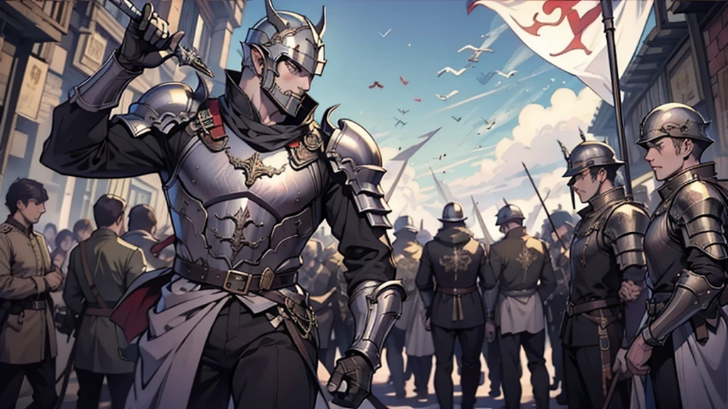  heavily armored elves , I closed my helmet, clock, [flag,  army in background , Overall plan ,  many soldiers wearing heavy armor and helmets carry spears, Paladin Armor,  Details, 、沢山の軍flagが掲げられた戦場、 marching in line ,  lots  [flagов на фоне,  spears on soldier's shoulder 