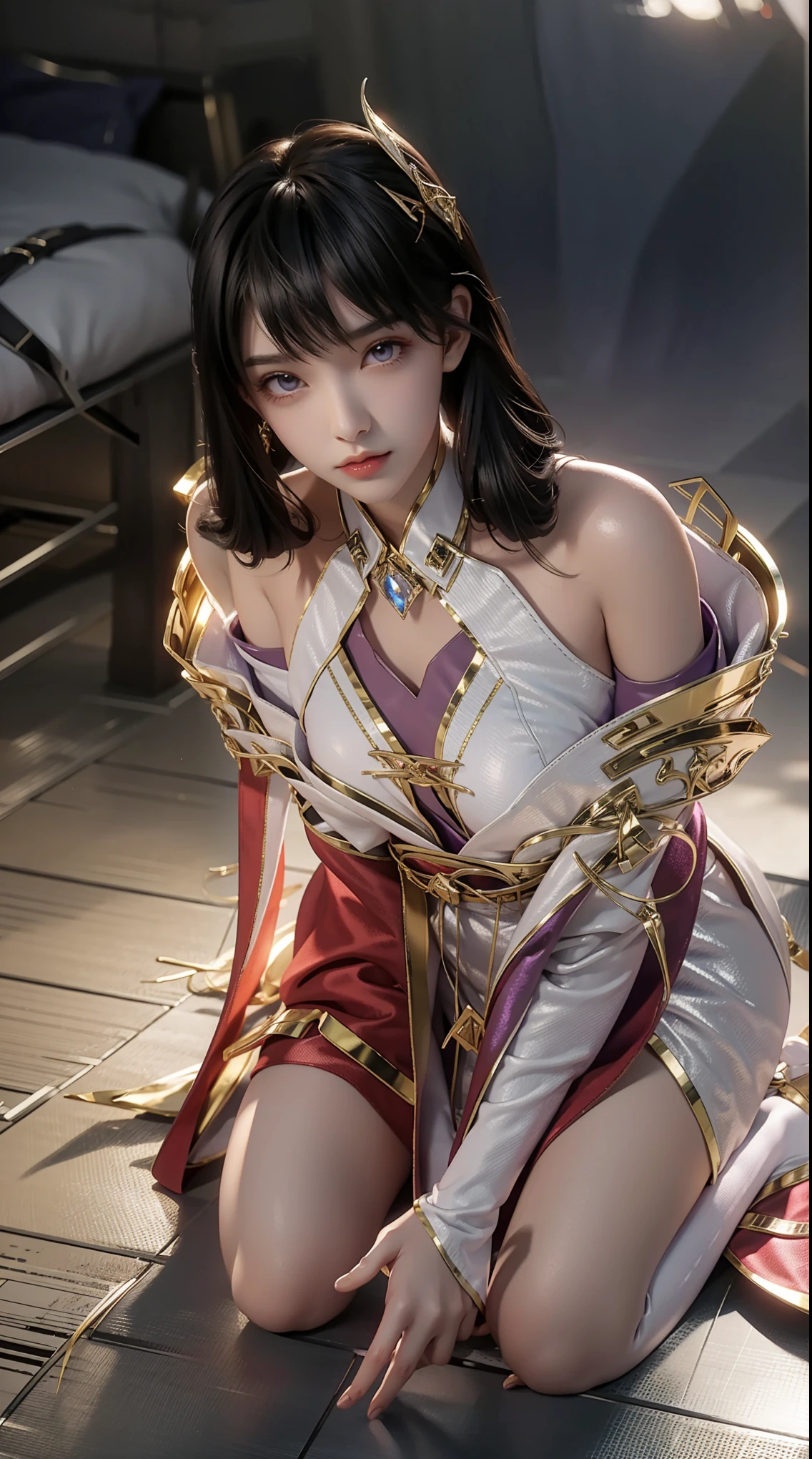 legs spread, Tyndall effect,Volumetric Lighting, shiny skin,shiny eyes,light rays,purple light particles,