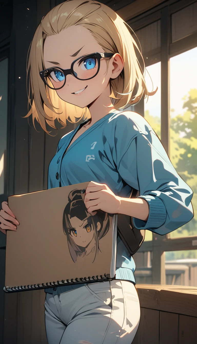 anime style,(best quality,4k,8k,highres,masterpiece:1.2),ultra-detailed, perfect eyes, perfect face, perfect lighting, photo,BREAK,
((loli)),skinny,flat ed,(forehead,hair slicked back:1.3),Beautiful blonde hair,(blue eyes),(black nodoka glasses),thick bluish eyeshadow, thin eyebrows, thick black eyeliner, Highlighted eyes with eyeliner, false eyelashes,BREAK,
((Letters and pictures written on a sketchbook held in front of the )), " self-assertion♥", BREAK,
((Blue cardigan over white shirt)), tight blue jeans, (white sneakers),BREAK,
(smirk:1.2),shaded face,cowboy shot,