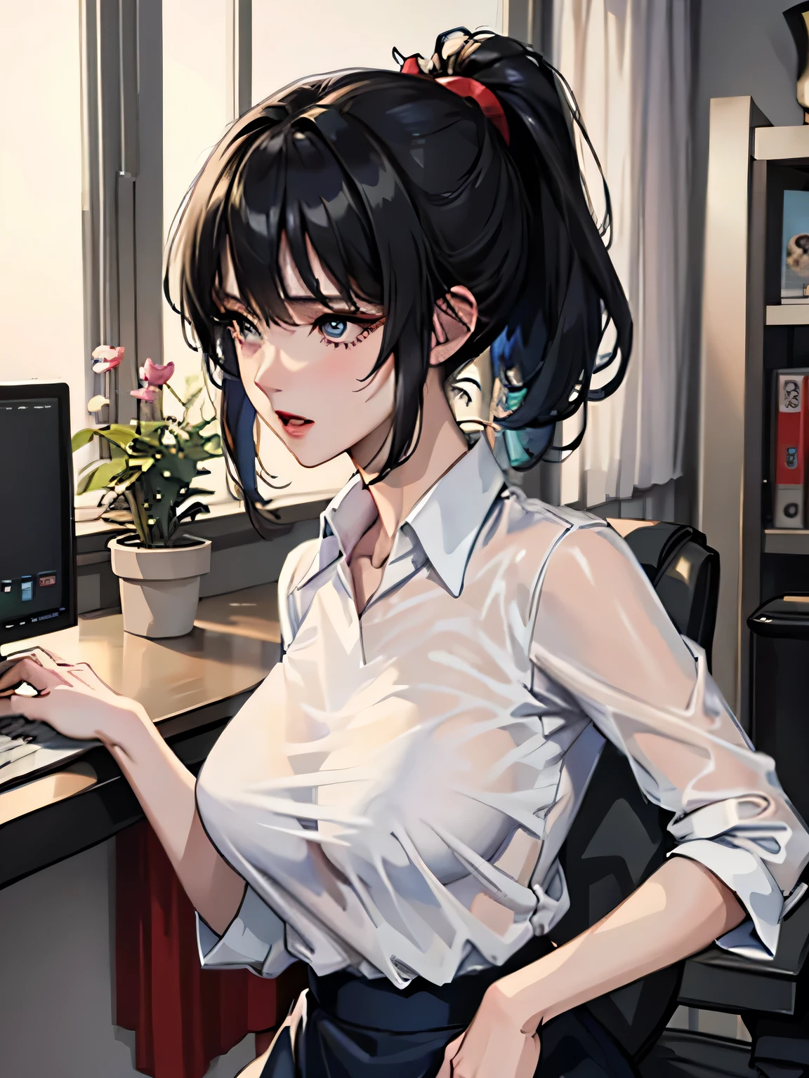 anime、High image quality、 Kampala、One Woman、50s、whole body、 ponytail、 see-through white blouse 、Muscular body type、Deep blue tight skirt、I'm about to put on a red jacket briskly、Office at dusk、