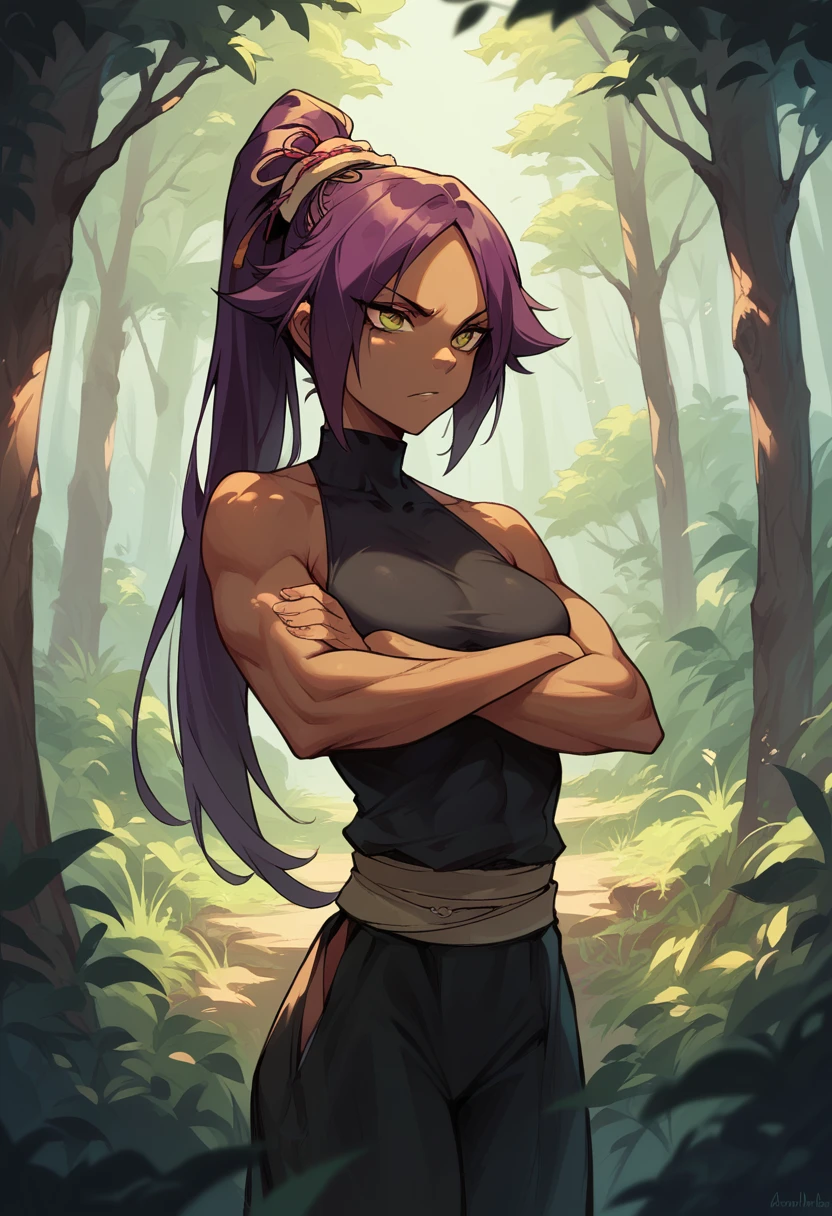 Yoruichi Shihoin, forest, crossed arms, looking at user, 