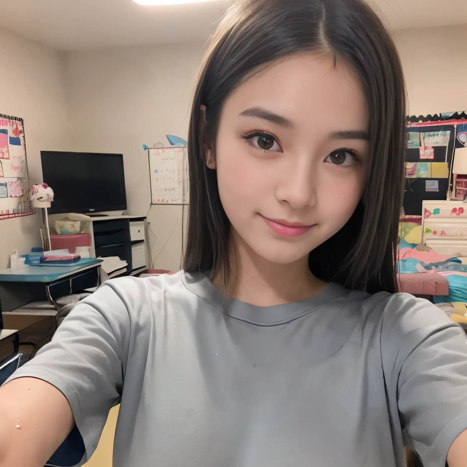 (masterpiece,  best quality :1.2), 8k,  BEAUTIFUL GIRLS, 85mm, OFFICIAL AR RAW , Young Face、((big breasts:1.2))、Show me your ears.、((((gray plain t-shirt )))),  micro hown from slightly below、((((Highlight your breasts in a cute, girly room)))),  Thin Waist, (( one nipple is wet)), (( standing nipples :1.20)), skinny girl, Breast Up Photo , Cute face,  embarrassing、smile、 no makeup in the coal mine,  Film Texture ,  chromatic aberration,  sharp concentration ,  face light ,  bright light, 10th Generation, Detailed face,  background blur、((((((  HIGH SCHOOL GIRL)))))), Selfie