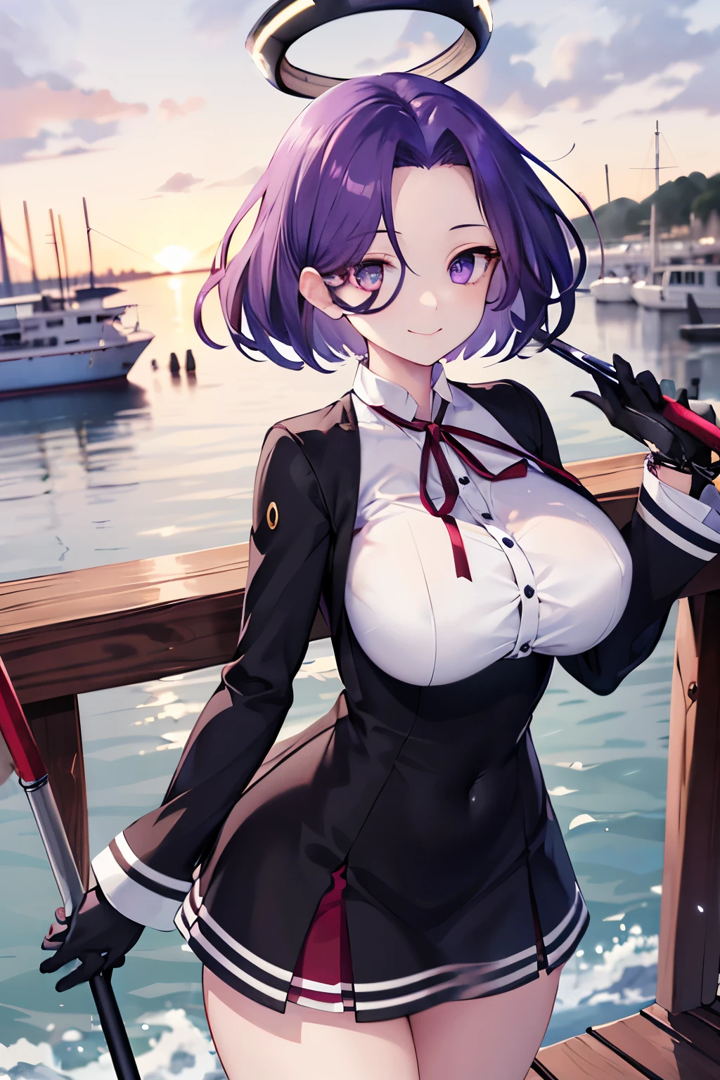 masterpiece, best quality, highres, mechanical halo, (big_breasts:1.2), black dress, neck ribbon, long sleeves, black gloves, outdoors, cowboy shot, standing, holding weapon, polearm,smile,,harbor_town_landscape,purple_halfeyes,(scornful eyes:1.4)