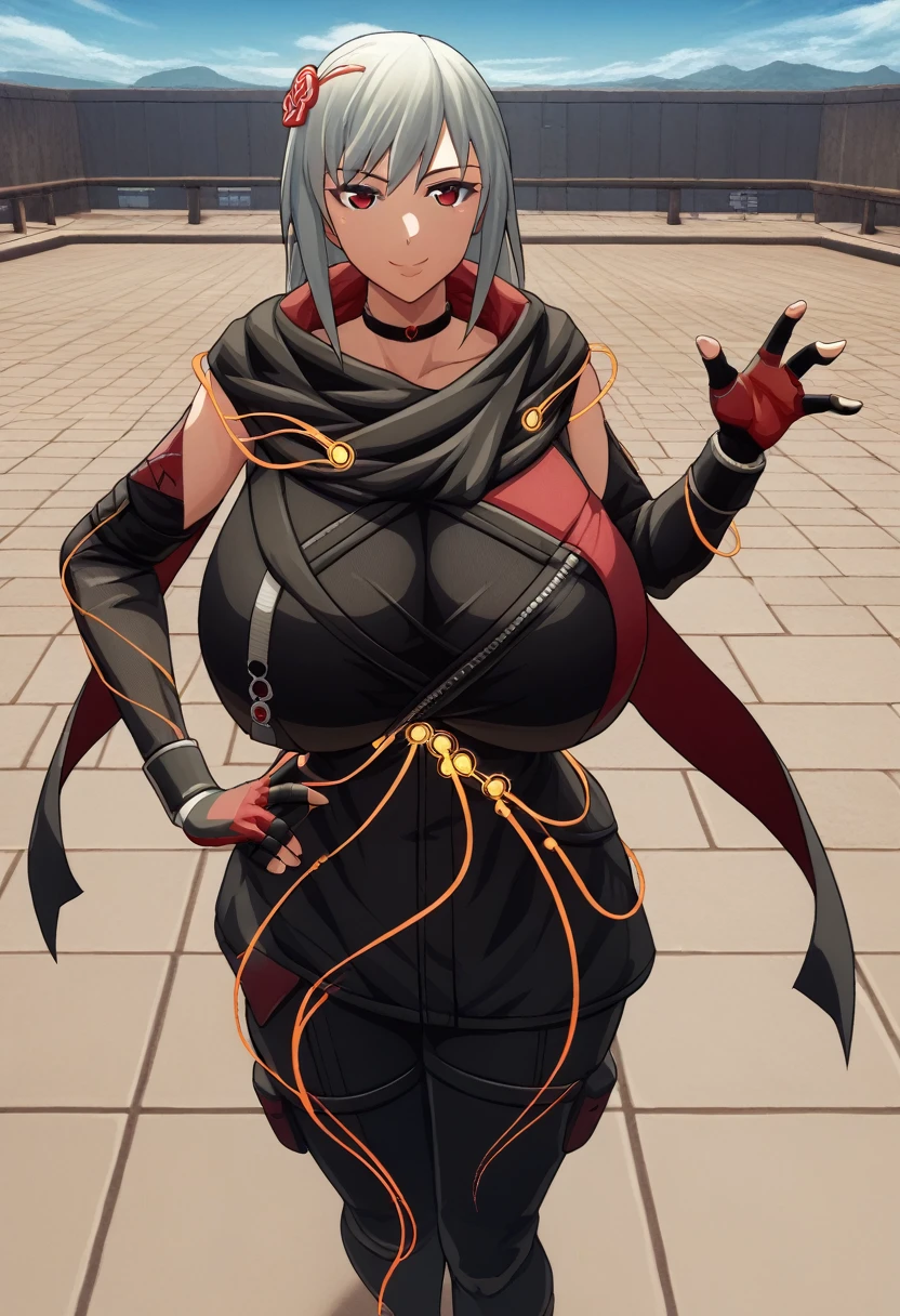 score_9, score_8_above, score_7_above, source_animated, BREAK 1girl,  looking at the viewer , smile,  hand on hip, DefKasane , long hair,  hair ornament , choker, black jacket, Gigantic breasts gigantic black scarf , red cape,  Separate sleeves , cables, red gloves,  fingerless gloves ,  black pants , al aire libre, sky, nube Big  Milf Thicc Hot Big Ass Curvilínea Cintura plana Milf ❤️‍🔥❤️‍🔥❤️‍🔥❤️‍🔥❤️‍🔥🔞🔞🔞🔞🥛🥛🥛🚺🚺💘💘💘 big ass