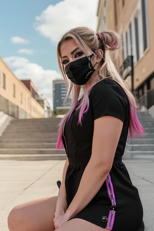 ablisswwe2023, masterpiece, best quality, LeinaV4, 1girl, solo, ((dress, black dress, mask, wearing black mask)), city alley, night, clouds, ((sitting)), steps, smile, ((hands in pocket)), upper body, 