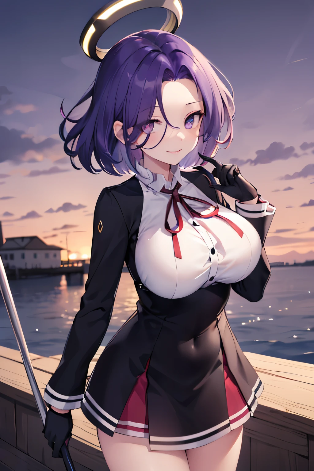 masterpiece, best quality, highres, mechanical halo, (big_breasts:1.2), black dress, neck ribbon, long sleeves, black gloves, outdoors, cowboy shot, standing, holding weapon, polearm,smile,,harbor_town_landscape,purple_halfeyes,(scornful eyes:1.4)