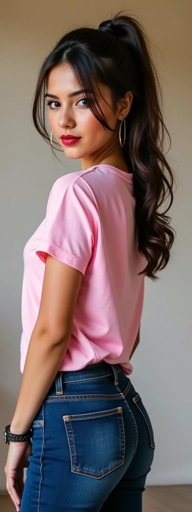 A beautiful woman in white shorts and pink shirt stands, com corte rasgado t - camisa, topo de corte, Back view, back view also, camisa rosa, rear facing, Backview, Topo de colheita, voltar - ver, Rosa pastel, view of the back, rosa desbotado, rosa claro, Costas - Pneu, aparar, midriff exposto, tiro longo das costas