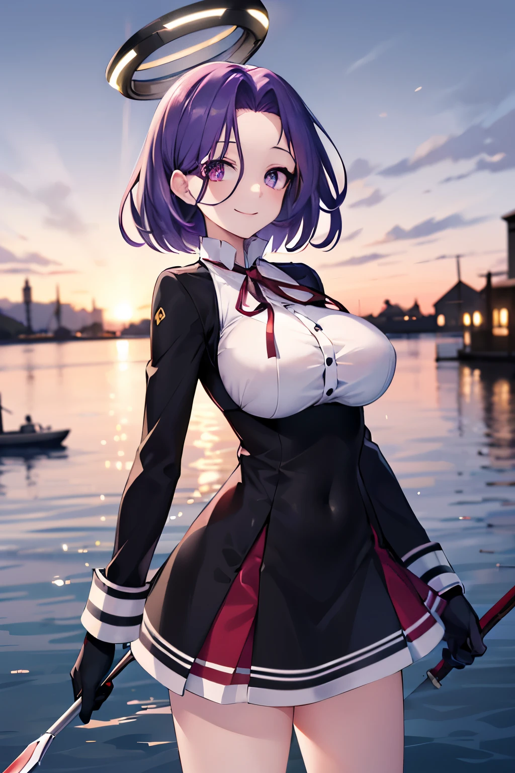 masterpiece, best quality, highres, mechanical halo, (big_breasts:1.2), black dress, neck ribbon, long sleeves, black gloves, outdoors, cowboy shot, standing, holding weapon, polearm,smile,,harbor_town_landscape,purple_halfeyes,(scornful eyes:1.4)