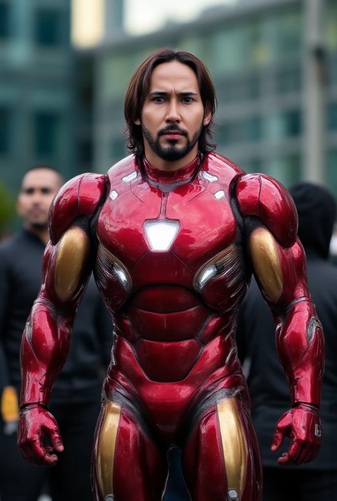 man wearing iron man costume,open mask helmet ,new armor. triangle lamp on chest. Red gold color,iron mark 85,big muscle armor,highly detailed,intricate details,cinematic lighting,dramatic shadows,metallic textures,realistic weathering,photorealistic,8k,award winning digital art. Tony stark beard. triangle reactor
