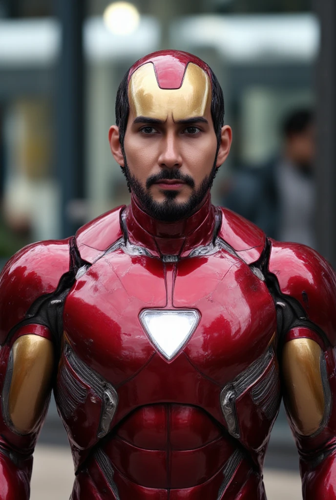 man wearing iron man costume,open mask helmet ,new armor. triangle lamp on chest. Red gold color,iron mark 85,big muscle armor,highly detailed,intricate details,cinematic lighting,dramatic shadows,metallic textures,realistic weathering,photorealistic,8k,award winning digital art. Tony stark beard. triangle reactor
