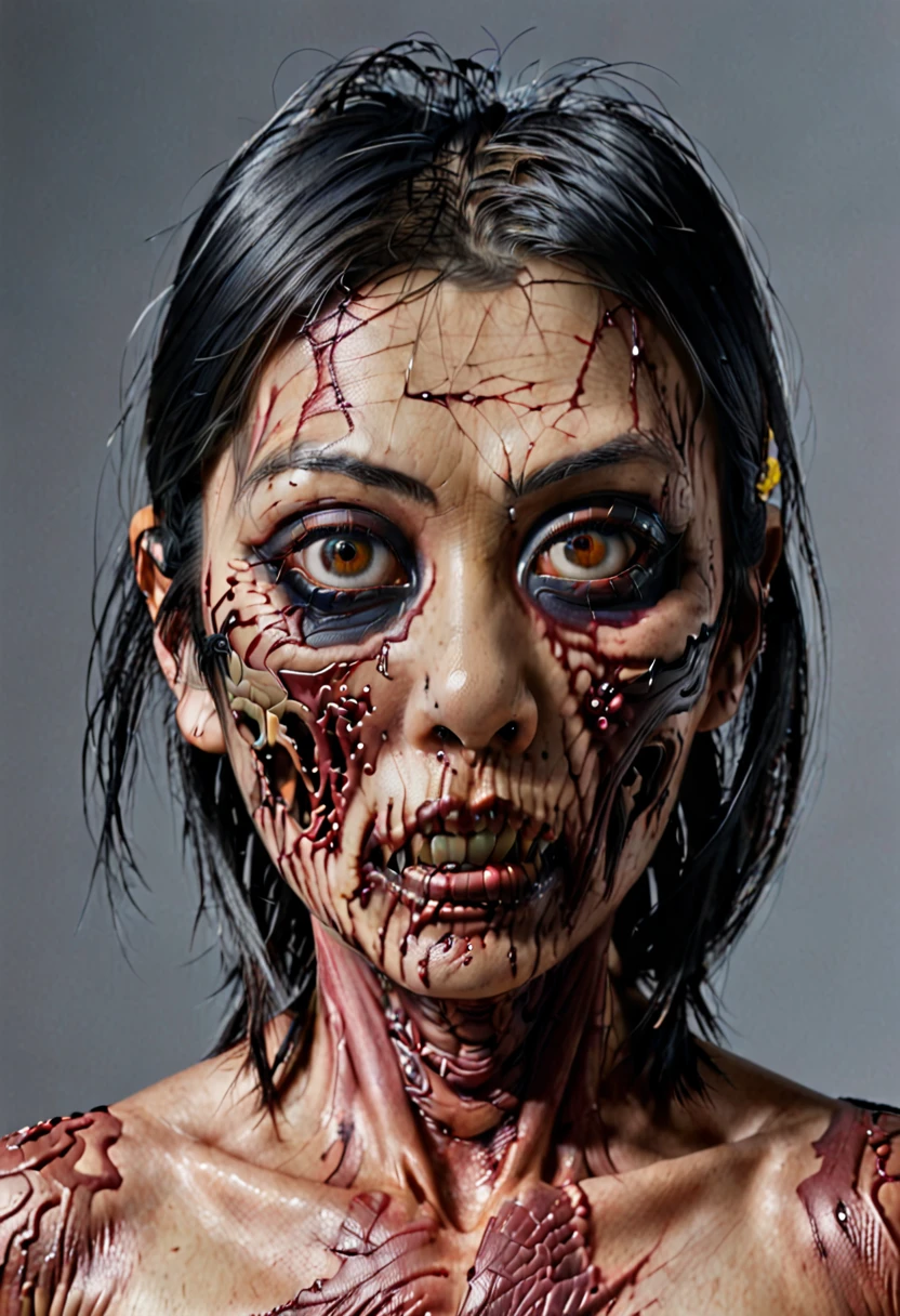 Photo realistic head and shoulders Zombie Asian woman. She only has patches of skin around her eyes and nose. Muscles and tendons are showing 