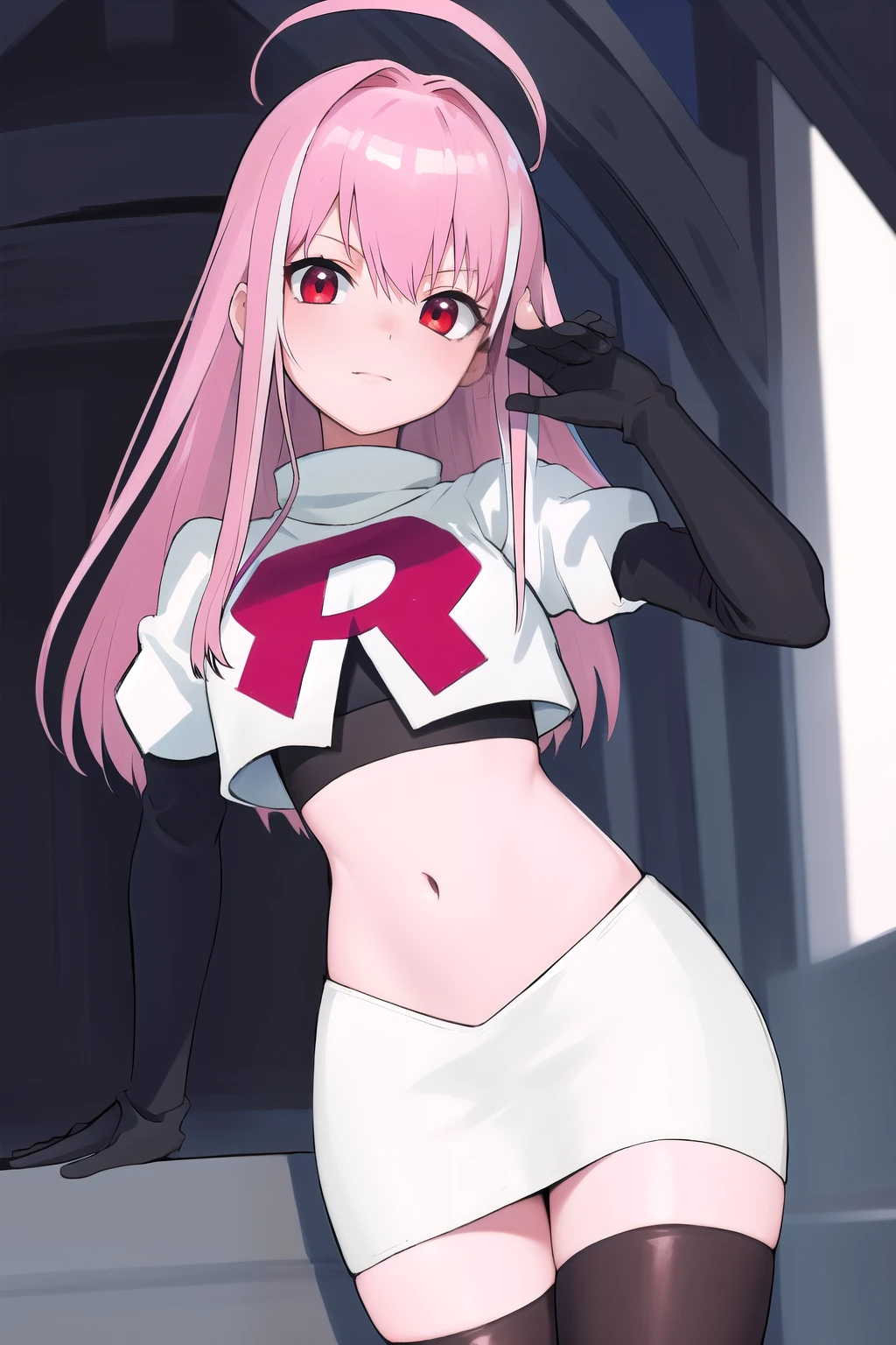 Masterpiece, Detailed, High quality, (absurdist), High Sharpness, High resolution, maiddoll, 1girls, Solo, pink hair, cracked skin,team rocket,team rocket uniform,white skirt,red letter R,crop top,black thigh-highs,black elbow gloves