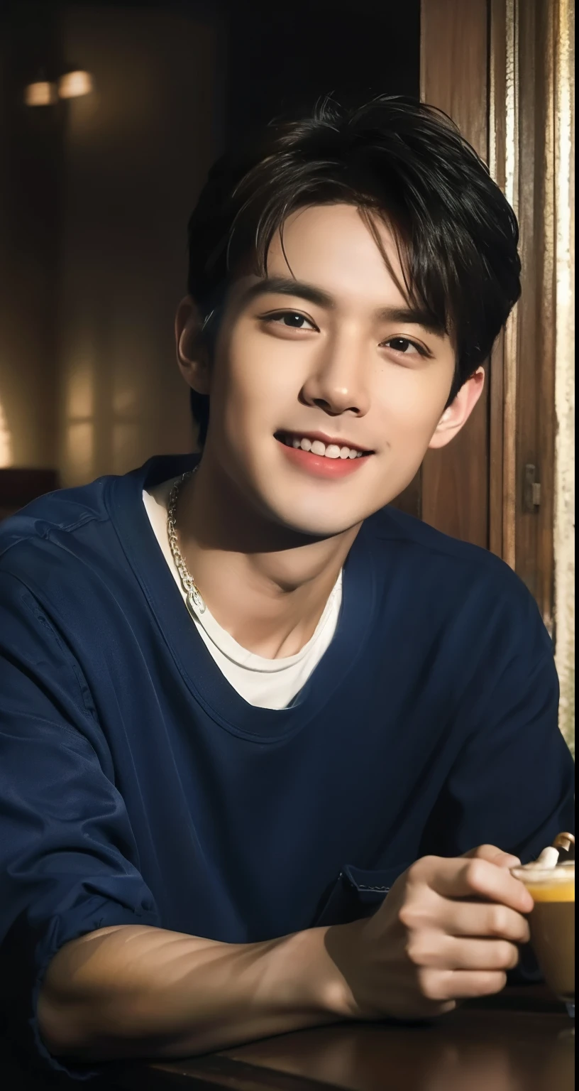 a handsome man in a cafe, lips very smiling, sitting, wearing a long t-shirt black,blue collor, necklace accessory, handsome man style, 1 man, middle part hairstyle, detailed facial features, beautiful eyes, sharp nose, full lips, high quality, photorealistic, intricate details, warm lighting, cozy cafe interior, cinematic composition, vibrant colors, soft focus, warm collor skin lighting, award winning photograph