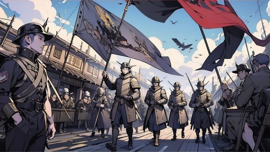 沢山の軍flagが掲げられた戦場、 heavily armored elves , I closed my helmet, clock, [flag,  army in background , Overall plan ,  many soldiers wearing heavy armor and helmets carry spears, Paladin Armor,  Details, 、沢山の軍flagが掲げられた戦場、 marching in line ,  lots  [flagов на фоне,  spears on soldier's shoulder 