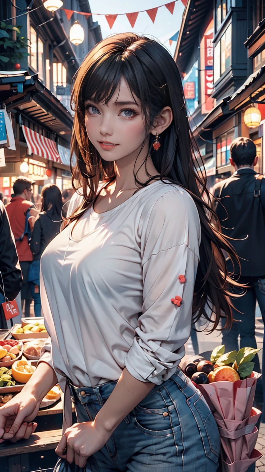 Vibrant night market. The woman is wearing casual clothes, Carrying snacks, Her face is full of joy and satisfaction.