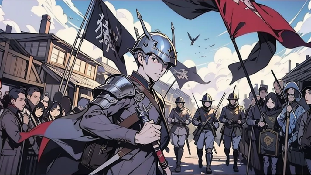 沢山の軍flagが掲げられた中世ヨーロッパの戦場、Fantasy linear 、 heavily armored elves , I closed my helmet, clock, [flag,  army in background , Overall plan ,  many soldiers wearing heavy armor and helmets carry spears, Paladin Armor,  Details, 、沢山の軍flagが掲げられた戦場、 marching in line ,  lots  [flagов на фоне,  spears on soldier's shoulder 