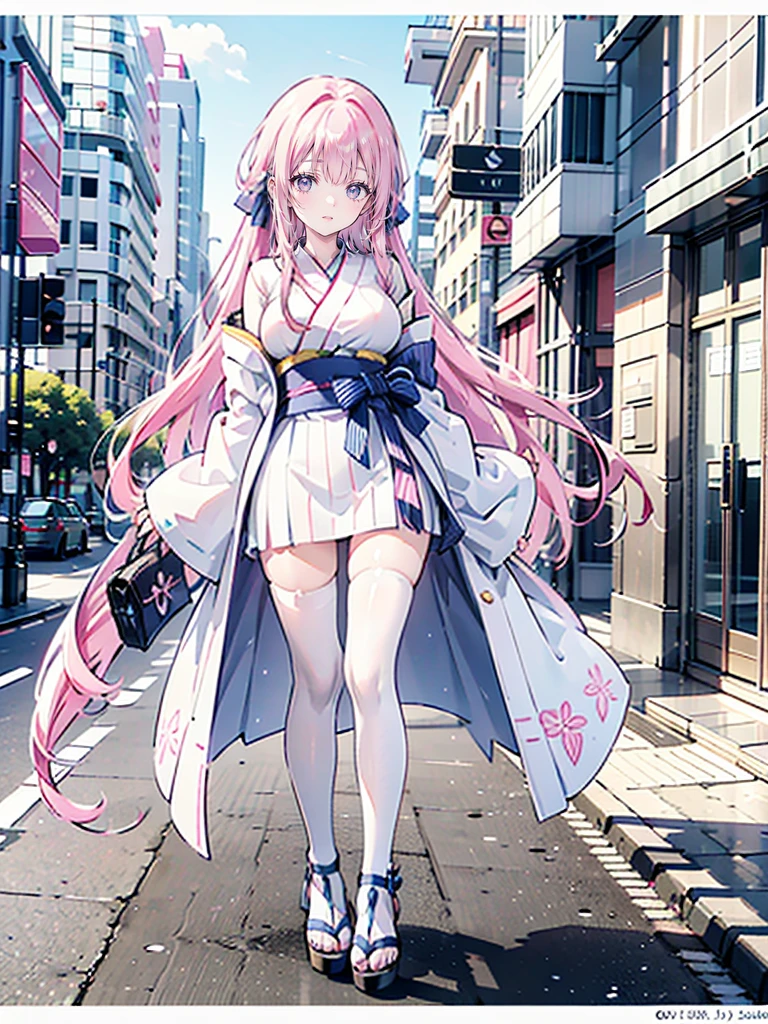 Pink furry frill kimono　pink hair straight long hair 　Busty　　Oversized breasts　Sandals　Around town　Bags　
 very long hair, Large Breasts, smile, ribbon, white tights
accessory, 
accurate,  Kampala, high quality,  textured skin,  ultra-fine, ribbonヘアアクセサリー, 