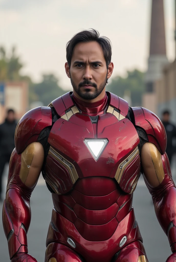 man wearing iron man costume,open mask helmet ,new armor. triangle lamp on chest. Red gold color,iron mark 85,big muscle armor,highly detailed,intricate details,cinematic lighting,dramatic shadows,metallic textures,realistic weathering,photorealistic,8k,award winning digital art. Tony stark beard. triangle reactor
