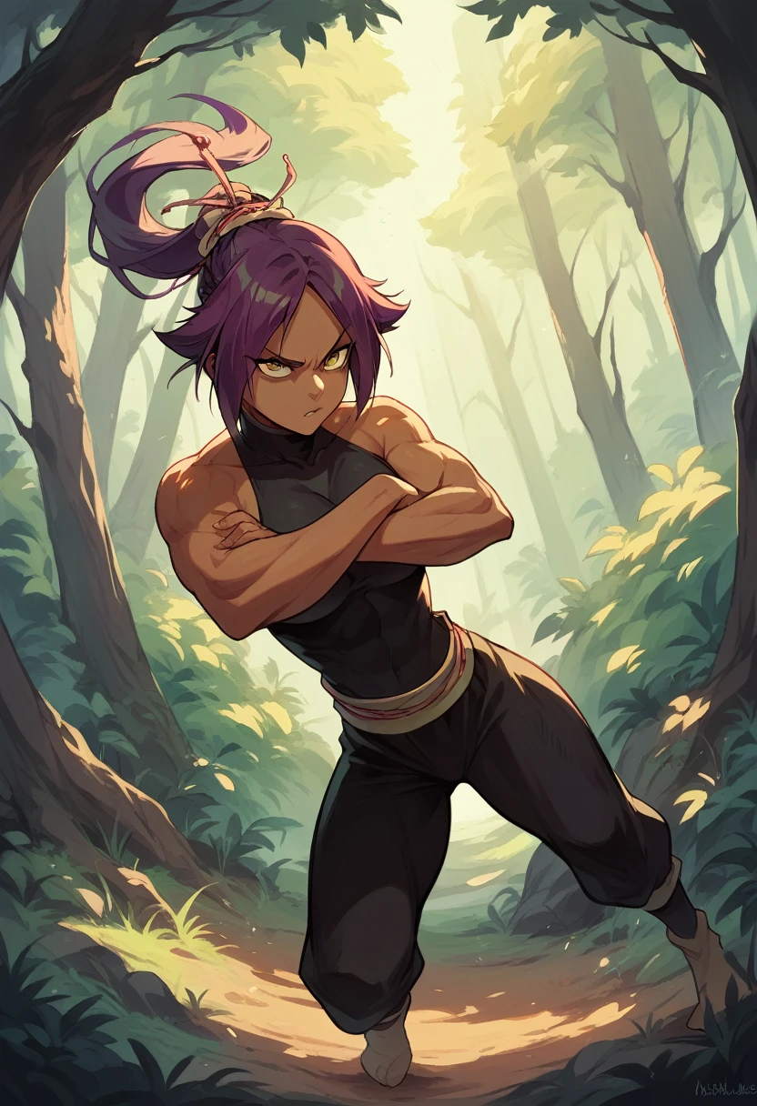 Yoruichi Shihoin, forest, crossed arms, looking at user, fighting pose