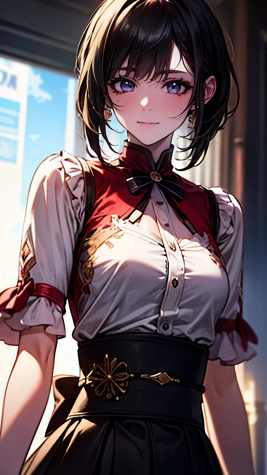 Medium size display,  medium shot ,  depth of field ,  Bust,  upper body,  Cinematic Angle , masterpiece,  best quality , Super detailed, CG, 8K wallpaper, Beautiful Face, Delicate eyes, Alone, smile, bangs, skirt, shirt, Have, dress, bow, 