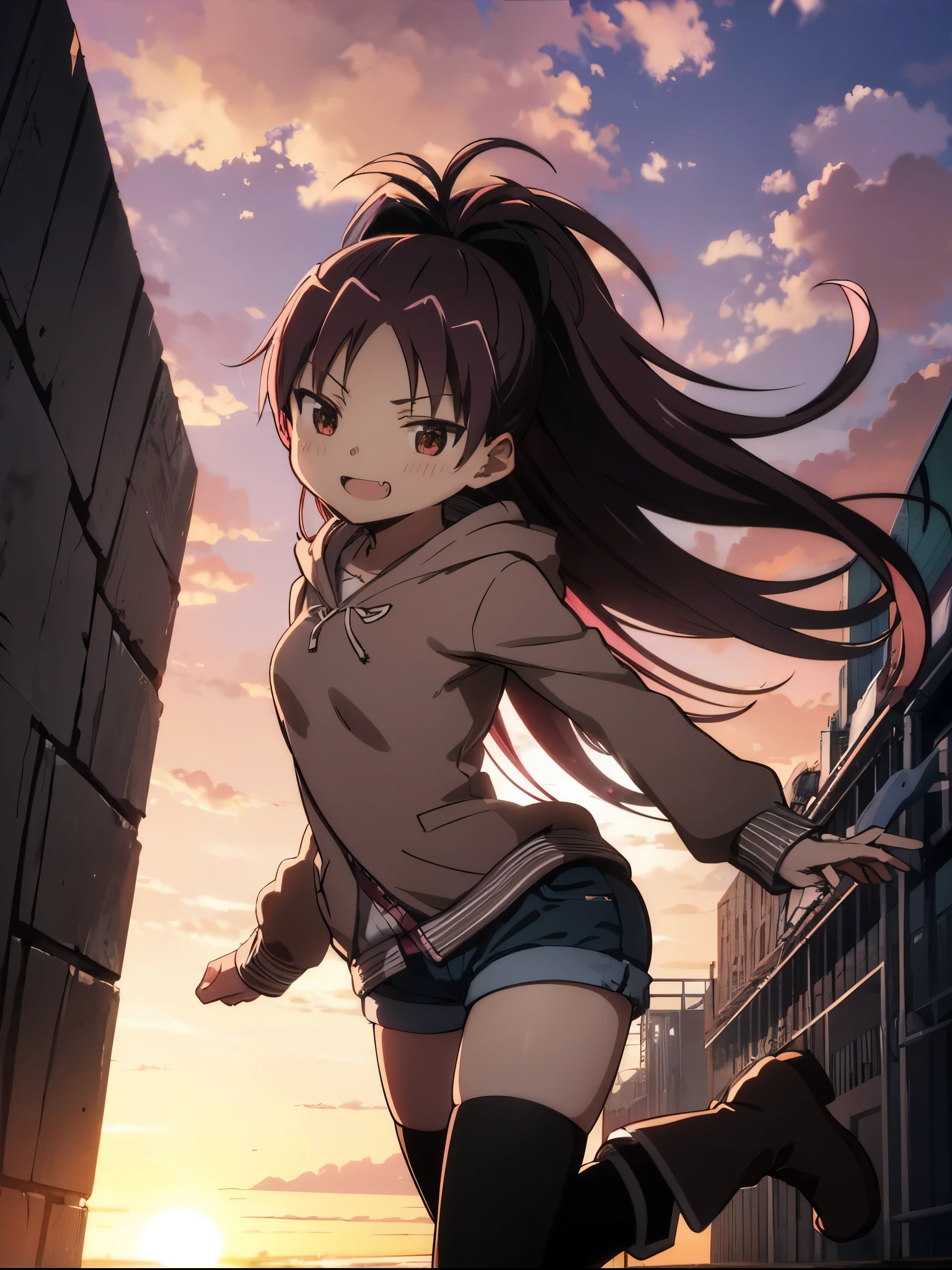 best quality, integrated scenery, integrated background, extremely delicate and beautiful, meticulous details, good composition, cute face, perfect face, perfect hands,Haircuts, pixie cut,
BLAKE,Sakura_Kyouko-Puella Magi Madoka Magica , hair_ribbon ,black_Thighhighs , blue_hoodie, darkred_long_hair,red_eyes,fang
sunset_sky_landscape、smile, solo,rising_leg,solo,open_legs, hair_bow,high_ponytail,solo,denim_short_shorts, boots,