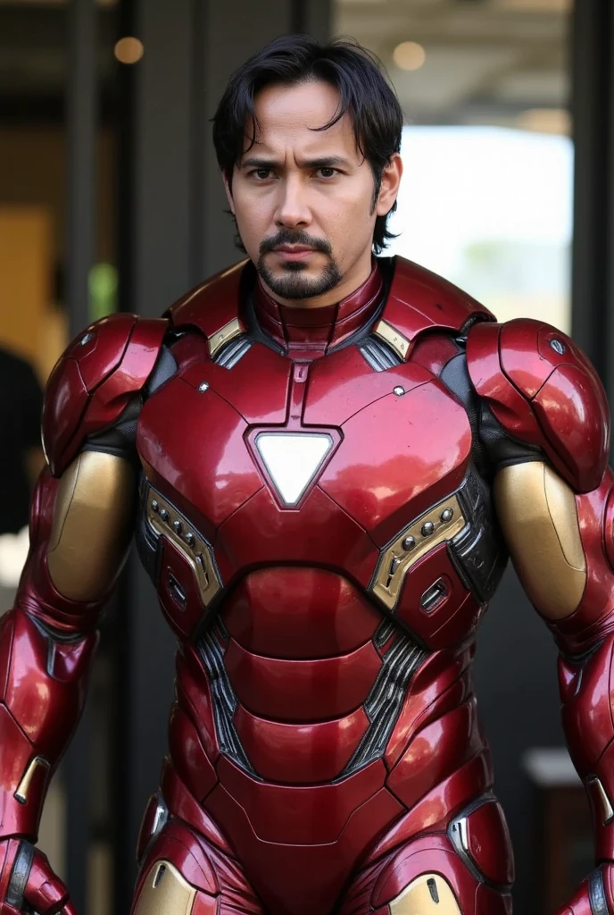 man wearing iron man costume,open mask helmet ,new armor. triangle lamp on chest. Red gold color,iron mark 85,big muscle armor,highly detailed,intricate details,cinematic lighting,dramatic shadows,metallic textures,realistic weathering,photorealistic,8k,award winning digital art. Tony stark beard. triangle reactor
