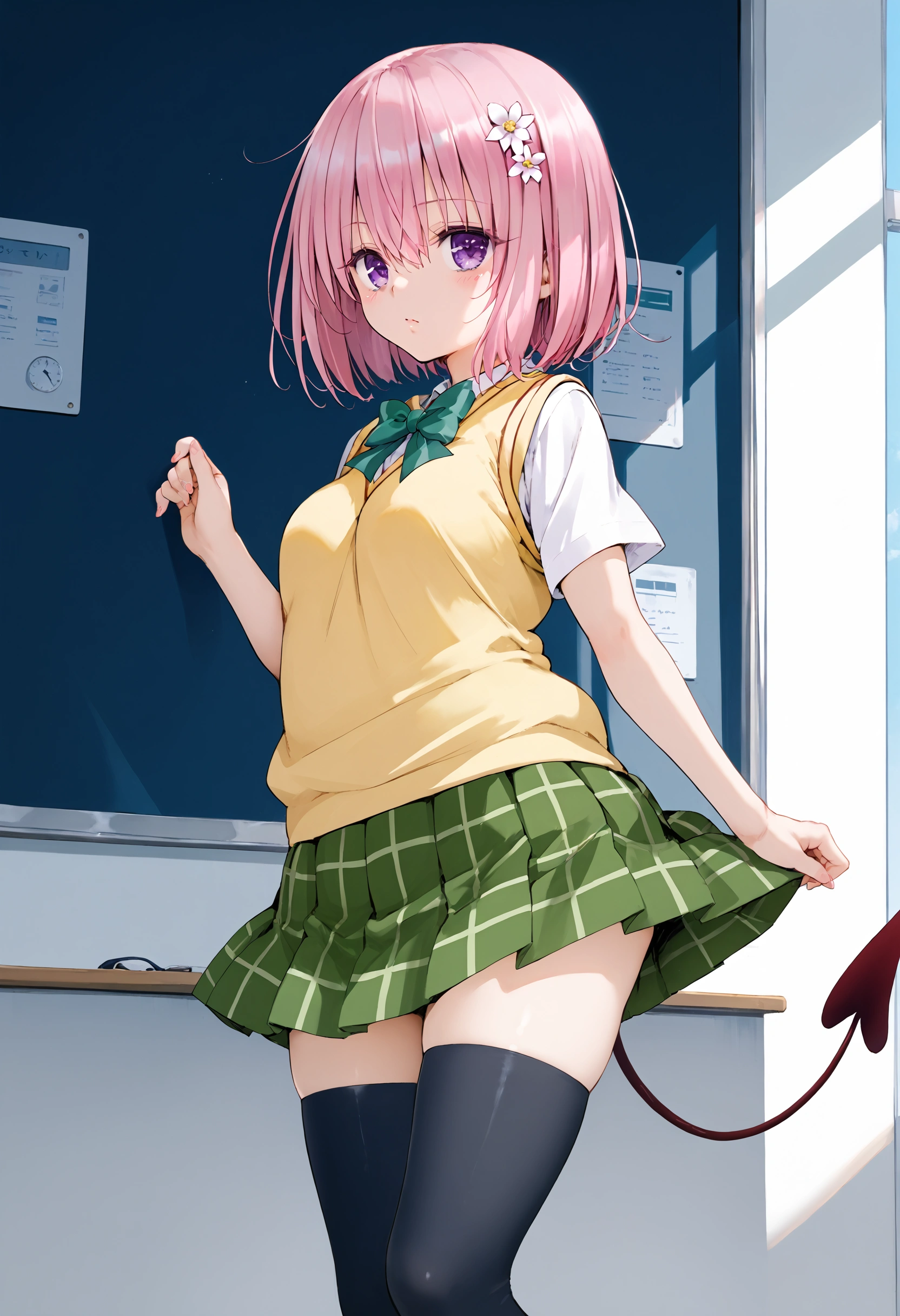 score_9, score_8_up, score_7_up, source_anime, screenshots, 1girl, momo velia deviluke, demon tail, hair flower, hair ornament, purple eyes, pink hair, short hair, tail,demon tail, green skirt, plaid, plaid skirt, sainan high school uniform, school uniform, skirt, sweater vest, thighhighs, yellow sweater, short sleeves, bow, green bow,school